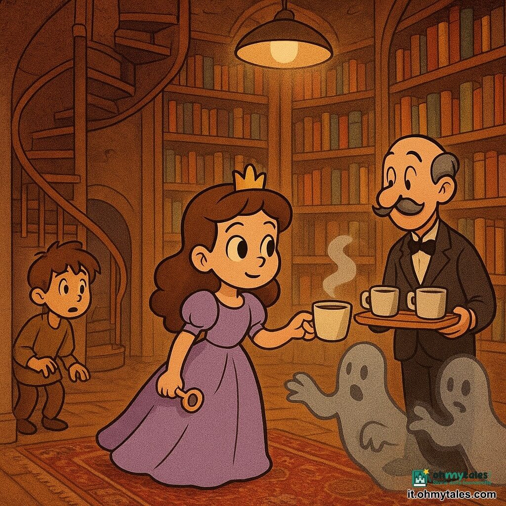 Principessa Viola, volto dolce e determinato, occhi grandi e brillanti, vestito lavanda fluido, tiene una piccola chiave d'oro e porge una tazza di cioccolata calda a un'Ombra; il maggiordomo M. Ramo (uomo ~50 anni) con sottili baffi grigi e giacca scura porta un vassoio con due tazze fumanti, leggermente dietro alla principessa sulla destra; un paggio di circa 12 anni con capelli spettinati e abiti semplici color terra osserva sorpreso dall'ingresso stringendo l'anta; tre Ombre non umane, silhouette sfumate e ondulate color grigio perla e inchiostro, semi-trasparenti, una tende la "mano" verso la tazza, rimangono in un angolo curiose ma timide; luogo: grande biblioteca-torre rotonda con pareti di scaffali alti pieni di libri colorati, scala a chiocciola in legno, lampade a vapore, tappeto persiano, luce calda e lieve foschia di vapore; situazione: la principessa offre ospitalità a ombre fameliche per dissuaderle dal rubare sorrisi, scena calma e accogliente con contrasto tra toni caldi umani e grigi nacré delle ombre.