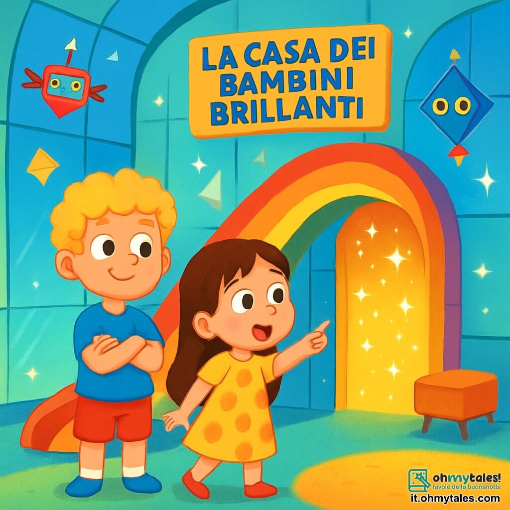 Ci sono 2 personaggi principali: Leo, un ragazzo di 8 anni con capelli ricci e biondi, che indossa una maglietta blu e pantaloni corti rossi, in piedi con le braccia incrociate e un grande sorriso, e Sofia, una ragazza di 7 anni con lunghi capelli castani, che indossa un vestito giallo a pois, leggermente in avanti rispetto a Leo, con gli occhi spalancati dalla curiosità mentre punta verso la porta segreta. La scena si svolge nella Casa dei Bambini Brillanti, un edificio futuristico con muri di vetro colorato, arredato con mobili fluttuanti e luci scintillanti. Il pavimento è un tappeto morbido che cambia colore sotto i loro piedi, mentre robot aquiloni volano attorno a loro. L'azione principale mostra Leo e Sofia che scoprono una porta segreta scintillante dietro un grande scivolo arcobaleno, affascinati e pronti a entrare in un mondo misterioso pieno di sorprese.