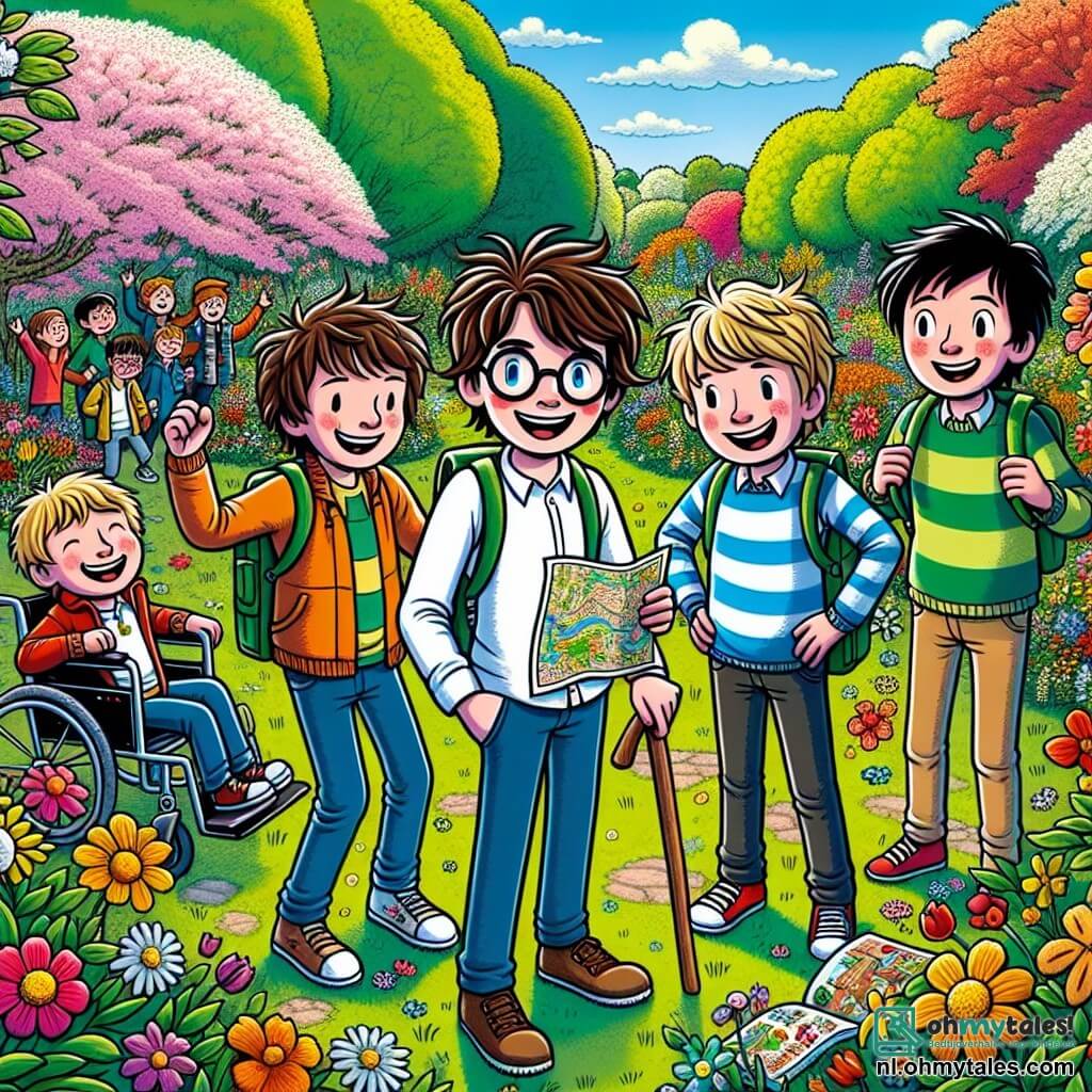 In een bloeiende park verzamelen vier vrienden zich om een lenteklokkenjacht te organiseren. Tim, een 12-jarig jongen met messy bruin haar en ronde bril, staat in het midden met een kaart in de hand. Max, een 11-jarig jongen met blond haar en sprankelende ogen, staat rechts van hem, enthousiast zijn armen in de lucht stekend. Joris, een 12-jarig jongen met kastanjebruin haar en een brede glimlach, staat links met een doos vol kleurrijke schatten. Sam, een 11-jarig jongen in een rolstoel met zwart haar en een bril, staat iets naar achteren, kijkend naar zijn vrienden met een grote glimlach, omringd door zijn zelfgemaakte bloemtekeningen. Het park is vol met schitterende bloemen in alle kleuren, majestueuze bomen met groene bladeren en een heldere blauwe lucht vol donzige witte wolken. De vrienden zijn klaar om hun schattenjacht te beginnen, elk gereed om prachtige lentefondsen in het groen te zoeken.