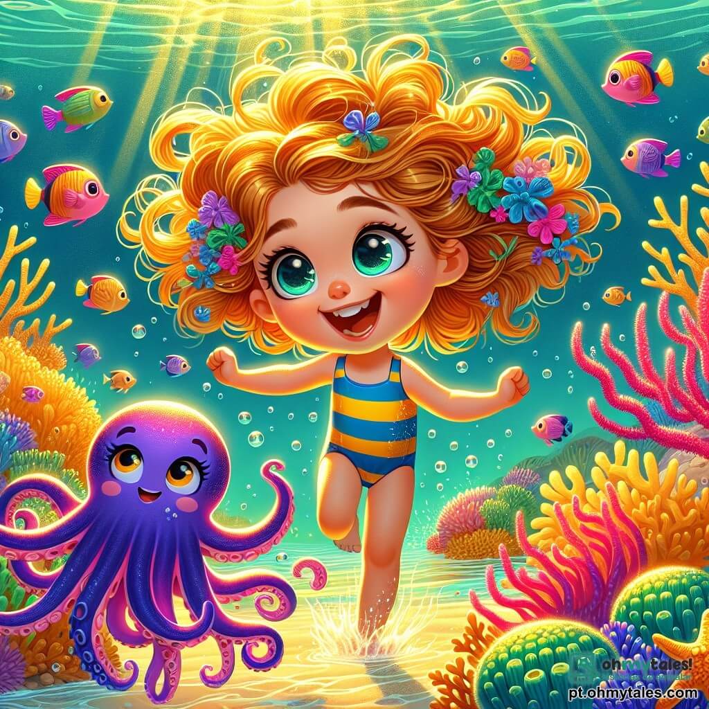 Uma menina de 8 anos, chamada Lia, com cabelos cacheados dourados e olhos brilhantes de curiosidade, nada alegremente debaixo d'água, cercada por peixes coloridos. Ela usa um maiô listrado azul e amarelo, e seu rosto expressa uma alegria radiante e uma excitação palpável. Ao seu lado, um polvo roxo chamado Polvinho, com tentáculos ondulantes e um sorriso travesso, flutua mostrando o caminho a seguir. O cenário é um recife de corais vibrante, cheio de corais multicoloridos, pequenas estrelas do mar laranjas e peixes cintilantes que dançam ao redor deles. A luz do sol filtra através da água, criando reflexos dourados na areia abaixo. A cena principal mostra Lia e Polvinho atravessando o Labirinto das Anêmonas Dançarinas, onde anêmonas rosas e verdes balançam ao ritmo das ondas, prontas para desafiá-los. Lia, cheia de coragem, desvia habilidosamente dos tentáculos das anêmonas enquanto ri, enquanto Polvinho a incentiva com entusiasmo.