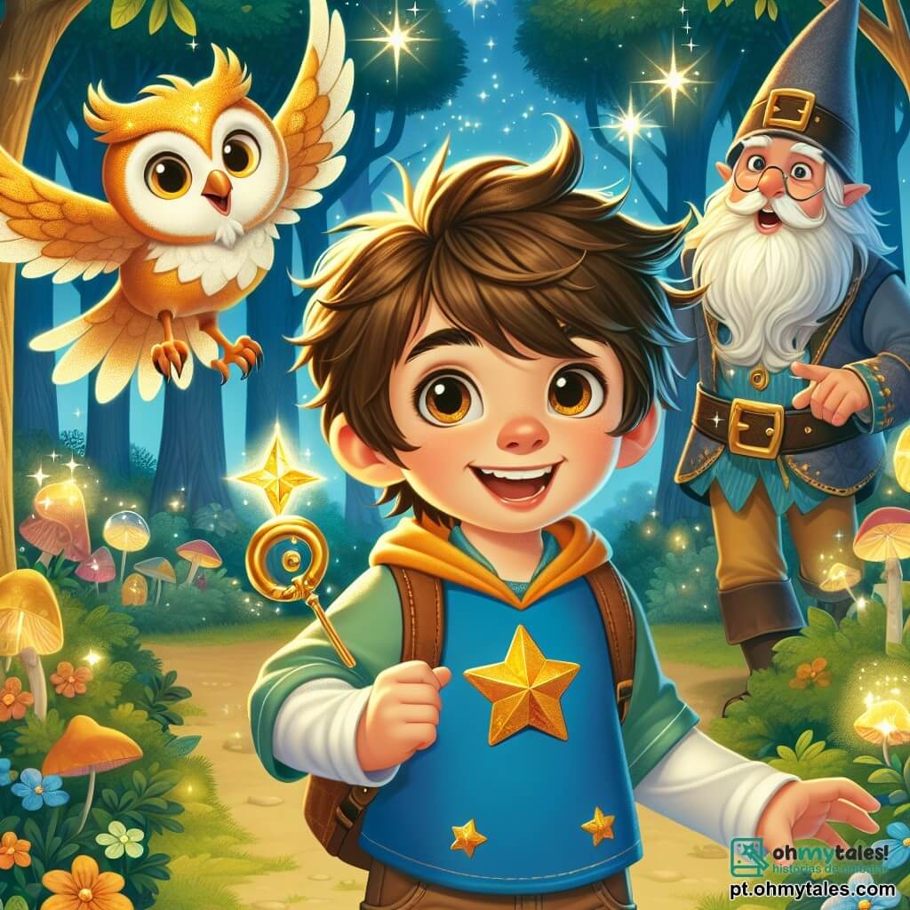 Um garoto de 6 anos, Lucas, está no centro da imagem, com um grande sorriso de excitação no rosto. Ele tem cabelos castanhos bagunçados, olhos brilhantes de curiosidade e usa um chapéu azul com uma estrela dourada na frente. Lucas segura uma chave mágica em uma mão e um cristal brilhante na outra, pronto para resolver um mistério. Ao lado dele, uma coruja dourada, com penas cintilantes e olhos brilhantes como estrelas, voa alegremente ao redor de Lucas, adicionando um toque de magia à cena. Um gnomo, com cerca de 50 anos, está um pouco atrás, com uma barba branca e um chapéu pontudo, observando Lucas com admiração e apontando para o cristal. O cenário é uma floresta encantada, onde as árvores são altas e majestosas, suas folhas brilham com um brilho dourado, e flores coloridas crescem entre as raízes. Luzes cintilantes flutuam no ar, criando uma atmosfera mágica. A cena principal mostra Lucas, com um olhar determinado, pronto para liberar o cristal mágico das raízes da árvore, enquanto a coruja e o gnomo o incentivam, cercados pela magia da floresta.