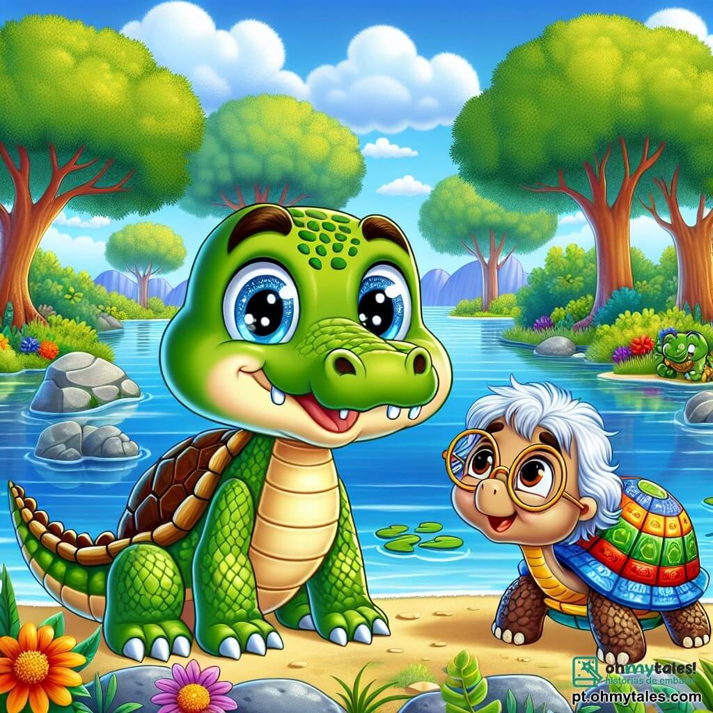 Um crocodilo chamado Caco, com pele verde brilhante e olhos cheios de curiosidade, está à beira de um lago cintilante, sorrindo, pronto para sua aventura. Ao lado dele, uma tartaruga sábia, com uma carapaça colorida e óculos redondos, observa-o com um olhar benevolente, sentada em uma pedra, indicando o caminho a seguir. Ao fundo, o lago é cercado por árvores majestosas com folhas luxuriantes e flores vibrantes, enquanto o céu é de um azul radiante salpicado de nuvens fofas. Caco, cheio de entusiasmo, se prepara para partir em busca de um tesouro mágico, determinado a ajudar seus amigos ao longo do caminho.