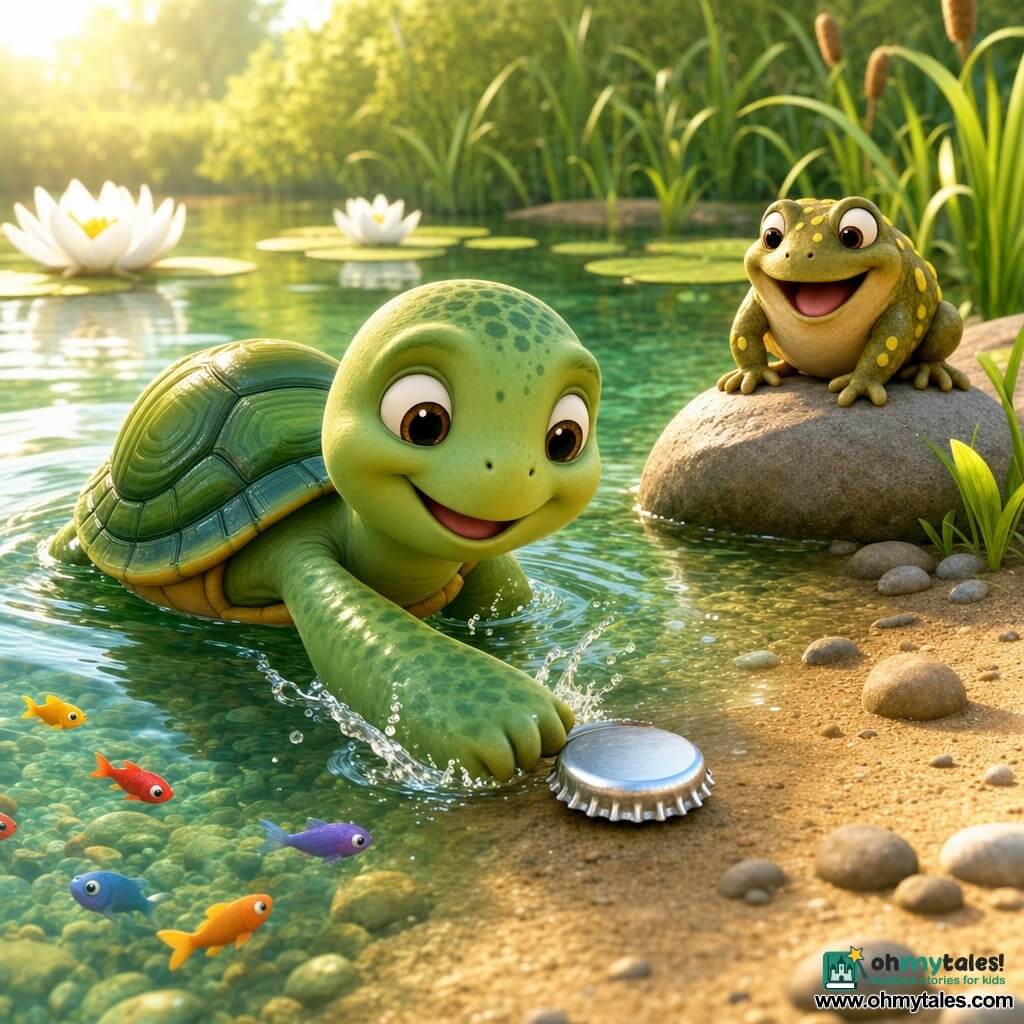 A small green turtle (main character), smiling and gentle, with big round eyes and a shiny ribbed shell, pushes a silver bottle cap toward the shore with its front flipper; a little olive-green toad named Pebble with yellow spots, cheerful and curious, hops nearby on a rock in the background; tiny colorful fish dart under the clear green water, splashing glittering drops near the turtle; a peaceful morning pond with white water lilies, tall waving grasses, golden sunlight reflections and a few reeds; the main scene shows the turtle slowly pulling a metal cap from the water onto the sand, warm bright colors and soft textures, centered composition clear for a 2-year-old.