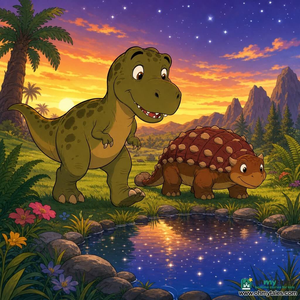 A young Tyrannosaurus Rex with a gentle, awed expression, olive-green skin with darker spots, round cheeks and small non-threatening teeth, walking slowly and placing a foot on fresh grass while slightly frowning in admiration; beside him, slightly behind to the right, stands Nibb, a compact ankylosaur with a smooth reddish-brown, stone-patterned shell, its clubbed tail on the ground and a calm smile, looking toward a small round pond; the green plain rolls with soft grass, tall ferns and colorful flowers, the pond edged with polished stones and tufts of grass reflecting the golden sunset as stars begin to appear and their reflections form dancing, sparkling swirls.