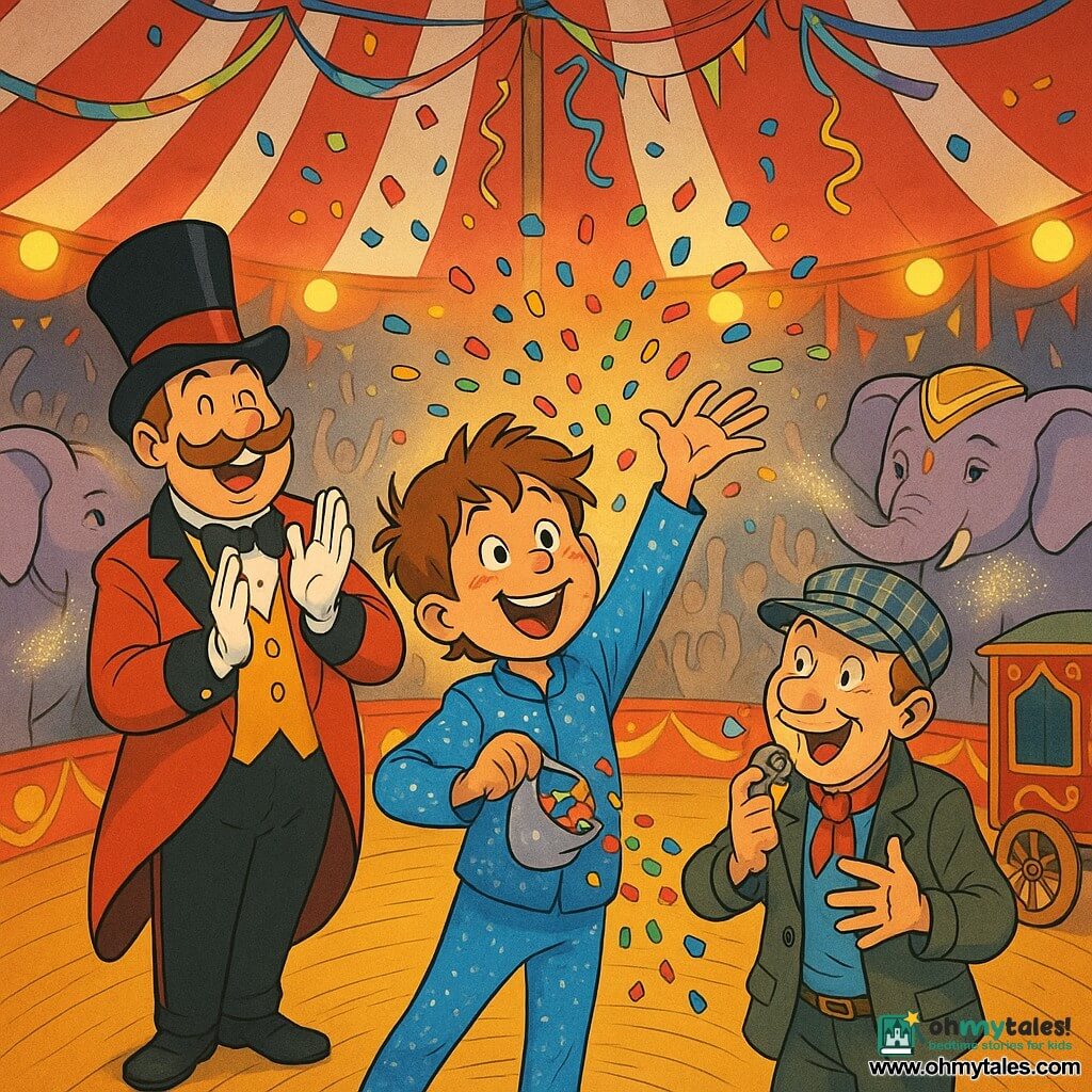 A 10-year-old boy with a round face, freckles and tousled chestnut hair, wearing an electric-blue sparkling suit and a radiant, amazed expression, stands center stage in joyful motion, scattering multicolored confetti from a small silver bag; slightly behind to his left Mr. Pipsqueak, the circus director, an adult man in a bright red suit with an oversized top hat and round mustache, smiles and applauds; to the right Mr. Tootles, an adult train conductor in a checkered cap with a whistle and sparkling eyes, gestures of joy near a small decorated wagon; two lavender-pink elephants with gentle eyes and gold-pompon coverings blow glittery dust in the background on either side; inside a large red-and-white striped circus tent with yellow round spotlights casting circles on the polished wooden ring and colorful bunting and ribbons from the central mast, the scene is a festive grand finale—flying confetti, a blurred crowd raising hands, bursts of light and flamboyant décor, dynamic composition, saturated colors, sharp outlines and a joyful, magical atmosphere.