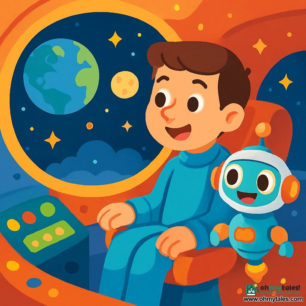 A smiling man in his thirties, with brown hair and sparkling eyes, is sitting in a comfortable seat inside a small spaceship. He wears a soft, futuristic blue suit and gazes in awe through a large round window, observing the blue Earth and the shining moon. Next to him, a friendly small robot with round eyes and a blinking light floats in the air, ready to assist him on his journey. The robot has a metallic appearance with bright colors and smiles at the man. The spaceship is filled with twinkling lights and colorful buttons, with a dashboard glowing in shades of green and yellow. Outside, the vastness of space is dotted with sparkling stars and soft, fluffy clouds. The main scene shows the man ready to take off into the unknown, with an excited look on his face as the spaceship begins to rise slowly into the universe, surrounded by the beauty of the stars.