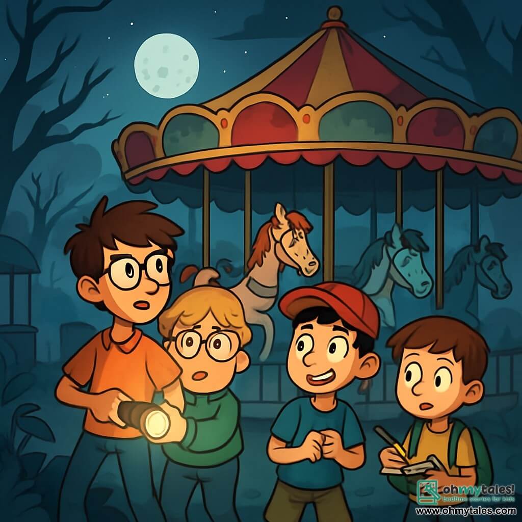 There are 4 children: Sam, a 12-year-old tall and thin boy with messy brown hair and glasses, holding a flashlight and looking bravely ahead; Ollie, an 11-year-old small and round boy with blonde hair and glasses slipping down his nose, looking worried behind Sam; Eddy, an 11-year-old boy wearing a red cap, with black hair and a nervous smile, standing next to Sam ready to help; and Max, a 10-year-old small and quick boy with brown hair holding a notebook, slightly back, observing curiously. The setting is an old abandoned amusement park with a huge carousel of colorful horses, its chipped paint shining under the moon. Shadows dance around the rusty rides, and twisted trees loom like threatening silhouettes in the thick fog. The dark sky is dotted with twinkling stars, creating a mysterious atmosphere. The main scene shows the children in front of the carousel, their flashlights illuminating the faces of the frozen horses, while an eerie melody rises from the ride. Sam determinedly points his flashlight at the carousel, while scared Ollie clings to Eddy, who tries to smile despite the fear. Intrigued Max scribbles in his notebook, capturing the mysterious moment.