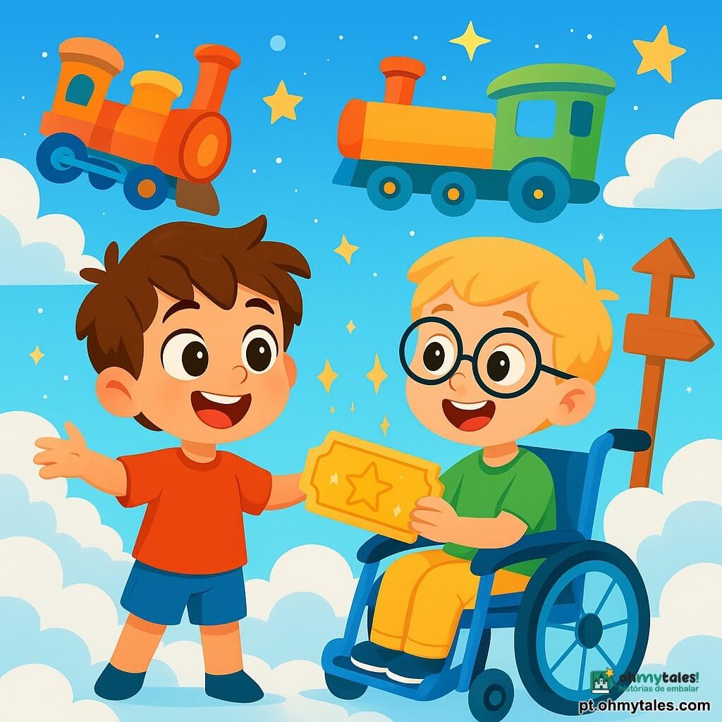 Há 2 personagens principais: - Lucas: um menino de 6 anos, com grandes olhos brilhantes e cabelos castanhos bagunçados. Ele usa uma camiseta vermelha e um short azul, e está de pé, com os braços abertos, sorrindo amplamente. - Tomás: um menino de 6 anos, com cabelos loiros e óculos redondos. Ele está sentado em uma cadeira de rodas azul brilhante, vestindo uma camiseta verde e calças amarelas. Ele olha para Lucas com entusiasmo, com as mãos apoiadas nos apoios de braço da cadeira. O cenário principal é uma estação de trem mágica, flutuando nas nuvens. Nuvens suaves e fofas cercam a estação, enquanto trens coloridos e de formas divertidas voam ao redor. Placas de madeira esculpidas indicam destinos fantásticos, e estrelas brilham no céu azul claro. A situação principal da história mostra Lucas e Tomás descobrindo um incrível bilhete dourado, brilhando ao sol. Eles estão maravilhados, olhando para o bilhete com estrelas nos olhos, prontos para embarcar em um trem que os levará a aventuras extraordinárias no tempo.