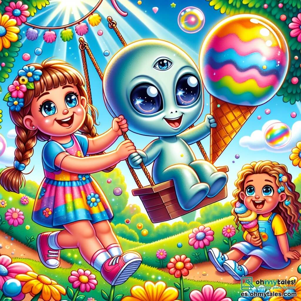 Una niña de cinco años con largos cabellos castaños y ojos brillantes, vestida con un vestido colorido, empuja alegremente a un extraterrestre azul claro, que tiene tres ojos redondos y una gran sonrisa, en un columpio en un parque. Otra niña, también de cinco años, con trenzas rubias y una camiseta a rayas, ríe mientras sostiene un gran cono de helado multicolor, mientras que una tercera niña, con cabello rizado y piel morena, observa con asombro una burbuja de jabón que flota en el aire. El parque está lleno de colores vivos, con árboles verdes exuberantes, flores brillantes y niños jugando, creando una atmósfera alegre y animada. La escena principal muestra al extraterrestre descubriendo las alegrías de la Tierra, divirtiéndose con sus nuevas amigas en un entorno soleado, donde risas y explosiones de color se mezclan con la magia de la amistad intergaláctica.