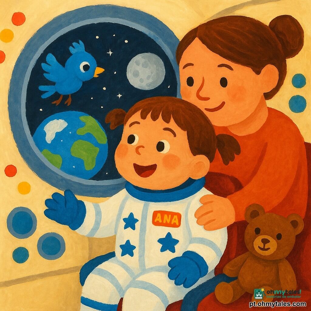 Uma astronauta criança, Ana, sorridente e maravilhada, de cabelos castanhos presos em rabo, rosto redondo, veste um traje espacial branco e azul com estrelas e acena olhando por um grande escotilha que mostra a Terra; a mãe adulta, de expressão doce e cabelo preso, a abraça por trás com carinho; um passarinho espacial azul e vivo bate as asas perto do escotilha; um ursinho de pelúcia marrom, macio e um pouco gasto, está no assento ao lado de Ana. O interior é uma cabine espacial arredondada com paredes creme, botões coloridos e telas com luzes piscantes; ao fundo vê-se a Lua cinza e o Sol amarelo no horizonte, com pequenas estrelas prateadas, atmosfera acolhedora e cores suaves em textura de gouache.