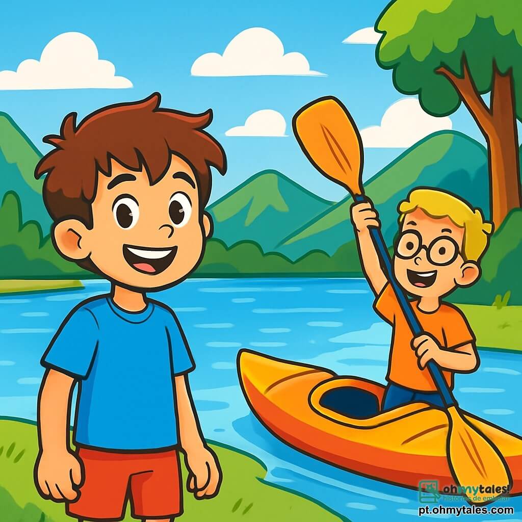 Um menino de 12 anos, chamado João, com cabelos castanhos bagunçados e olhos curiosos, está à beira de um lago cintilante. Ele usa uma camiseta azul vibrante e um short vermelho, exibindo um sorriso largo de empolgação. Ao seu lado, seu amigo Pedro, também de 12 anos, com cabelos loiros e óculos, segura um remo rindo, pronto para embarcar em um caiaque colorido. Ao fundo, o lago é cercado por majestosas montanhas verdes e grandes árvores com folhas brilhantes, sob um céu azul claro com nuvens brancas fofas. A cena transmite uma atmosfera alegre e cheia de vida, enquanto as crianças se preparam para explorar as águas calmas do lago, ansiosas por uma nova aventura de verão.