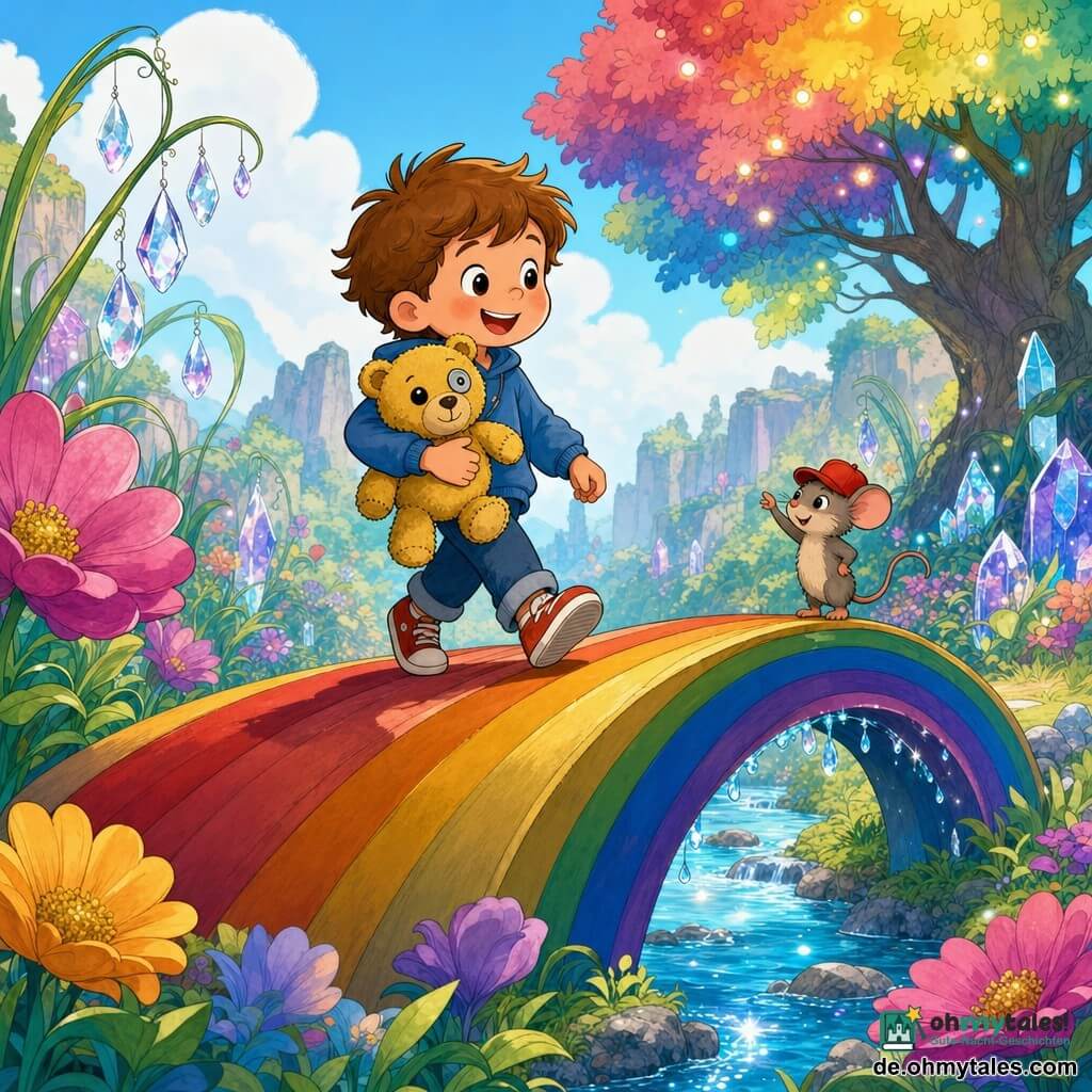 Ein vierjähriger Junge mit rundem Gesicht, zerzaustem braunem Haar und strahlenden Augen lächelt selbstbewusst, während er auf einer breiten, regenbogenfarbigen Bogenbrücke geht und einen kleinen, abgenutzten gelben Teddy mit einem etwas größeren, gestickten Auge hält; eine winzige Maus namens Mali mit roter Kappe steht am Brückenrand und feuert ihn an, unter der Brücke fließt ein klarer, perlend schimmernder Bach, im Hintergrund erstreckt sich ein Tal mit riesigen Blumen, durchsichtigen Kristallen in den Gräsern und leicht leuchtenden, bunt gefärbten Blättern, die Szene ist hell, farbintensiv und strahlt Abenteuerlust und Entdeckerfreude aus.