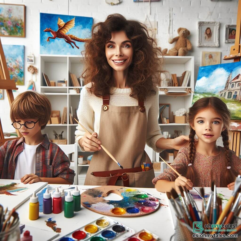 Clara, una artista con cabello castaño rizado y ojos llenos de pasión, está en el centro de su luminoso estudio, rodeada de lienzos blancos y botes de pintura coloridos. Sonríe con entusiasmo, sosteniendo un pincel en una mano y una paleta de colores brillantes en la otra, lista para animar a los niños a crear. Tomás, un niño de 8 años con gafas y cabello castaño alborotado, está sentado a la izquierda de Clara, concentrado en su pintura de un dragón volador. A la derecha, Lucía, una niña de 7 años con trenzas y un vestido colorido, utiliza acuarelas para crear un paisaje vibrante. El estudio es un espacio cálido, bañado de luz natural, con paredes blancas y estanterías llenas de materiales artísticos, creando una atmósfera inspiradora y alegre. Clara guía a los niños en un taller de pintura, donde cada uno expresa su creatividad en lienzos blancos, llenando la habitación de colores vivos y risas, ilustrando la magia del arte y la importancia de la expresión personal.
