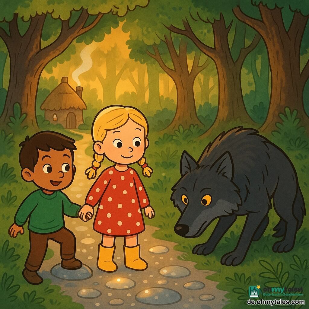 Drei Figuren: Anna, 4 Jahre, blonde Zöpfe, rotes gepunktetes Kleid, steht mitten auf dem silbrig schimmernden Steinweg, hält die Hand von Ben und blickt ruhig zum Wolf; Ben, 4 Jahre, braune kurze Haare, grüner Pulli, steht links von Anna mit einem Fuß auf einem glänzenden Stein; ein großer dunkler Rüde, graues Fell mit schwarzen Schattierungen und glänzenden haselnussbraunen Augen, kauert am Rand des Weges rechts der Kinder, schnuppert am Boden und zieht sich leicht zurück. Schauplatz: ein klarer Weg aus silbernen Steinen, der durch einen dichten Wald mit hohen, knorrigen Bäumen führt, warme Spätnachmittagsstrahlen fallen goldig durch die Zweige, Moose und niedrige Farne, hinten links eine kleine runde Hütte mit rauchendem Schornstein. Hauptsituation: Die Kinder stehen Hand in Hand ruhig und zuversichtlich auf dem hellen Weg; der große Wolf bleibt zögernd an der Waldrandgrenze, die Szene wirkt sanft und beschützend mit warmen Farben und klarem Kontrast zwischen dem schützenden Weg und dem Waldschatten.