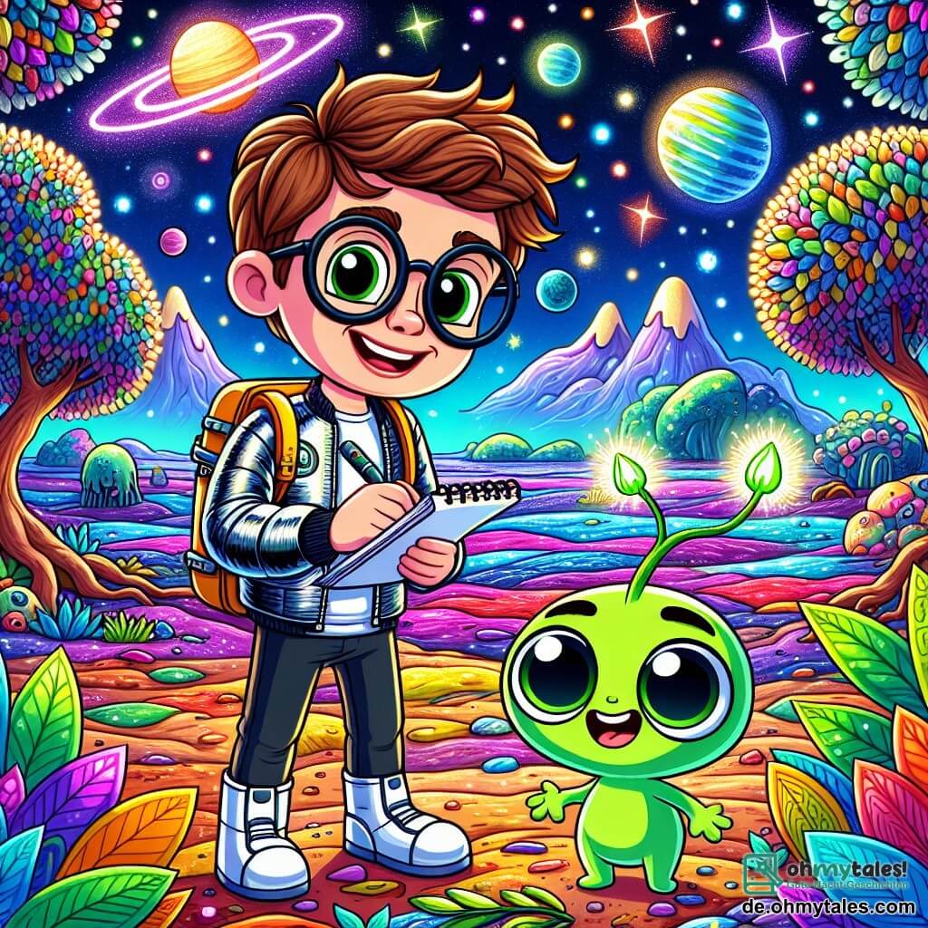Ein Mann, Dr. Felix Stern, steht auf einem bunten Boden eines fremden Planeten, umgeben von leuchtenden Pflanzen. Er hat unordentliches braunes Haar, runde Brille und trägt einen glänzenden Raumanzug. Sein Gesicht drückt Staunen und Neugier aus, während er die Wunder dieser neuen Welt beobachtet. An seiner Seite schwebt Glim, eine kleine grüne Kreatur mit großen, ausdrucksvollen Augen und einem fröhlichen Lächeln. Glim zeigt Felix eine Pflanze, die in strahlendem Licht leuchtet. Die Umgebung ist eine fantastische Landschaft mit bunten Bäumen, glitzernden Flüssen und einem Himmel voller leuchtender Sterne und bunter Nebel. Schwebende Berge am Horizont verleihen der Szenerie einen Hauch von Magie. Die Hauptsituation zeigt Dr. Felix Stern und Glim, die gemeinsam diese faszinierende Welt erkunden, während Felix ein Notizbuch hält, bereit, seine Entdeckungen festzuhalten, während Glim ihm eine farbwechselnde Pflanze zeigt, die Staunen und intergalaktische Freundschaft symbolisiert.