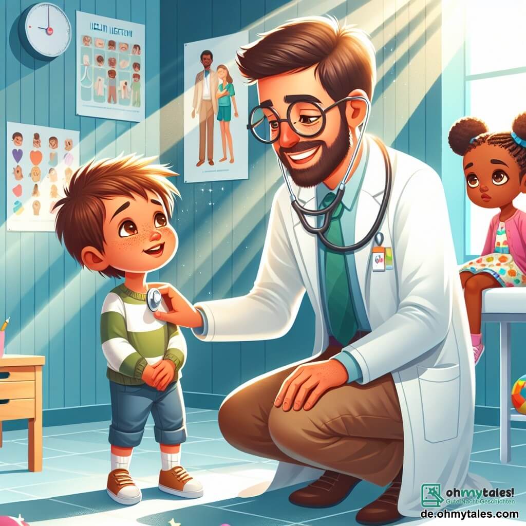 Ein lächelnder und freundlicher Arzt, Dr. Max Müller, trägt einen weißen Kittel und eine große runde Brille. Er untersucht einen etwa 7-jährigen Jungen, der auf einer Untersuchungsliege sitzt. Der Junge hat zerzauste braune Haare und einen besorgten Blick, beginnt aber zu lächeln, als er den Arzt sieht. In dem Raum beobachtet ein etwa 6-jähriges Mädchen mit Zöpfen und einem bunten Kleid neugierig die Szene und hält ein Bilderbuch über Gesundheit in der Hand. Sie sitzt etwas abseits auf einem Stuhl, ihr Gesicht zeigt Begeisterung. Der Raum ist hell und freundlich, mit hellblauen Wänden, Gesundheitsplakaten und bunten Spielzeugen auf dem Boden. Ein großes Fenster lässt Sonnenlicht herein und schafft eine warme Atmosphäre. Dr. Müller beruhigt den Jungen und erklärt ihm, dass er ihn untersuchen wird, um sicherzustellen, dass er gesund ist, während das Mädchen aufmerksam zuhört und fasziniert von der Arbeit des Arztes ist.