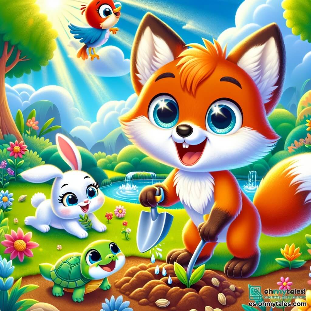 Un pequeño zorro llamado Rufi, con un pelaje naranja brillante y ojos llenos de curiosidad, está plantando semillas en un jardín soleado. Tiene una gran sonrisa en su rostro, mostrando su entusiasmo por el proyecto. Junto a él, Lila, una adorable conejita de grandes orejas y pelaje blanco, salta alegremente con una pequeña pala, lista para ayudarlo. Tito, un pájaro colorido con plumas azules y amarillas, vuela sobre ellos, mostrando una expresión de emoción mientras busca semillas. Momo, una tortuga con un caparazón verde y brillante, está cerca de un pequeño arroyo, llenando su caparazón de agua con aire concentrado. El jardín es un lugar mágico, lleno de flores coloridas, vegetación exuberante y rayos de sol que iluminan la escena. Al fondo, se pueden ver árboles majestuosos y un cielo azul claro con nubes blancas esponjosas. La escena principal muestra a Rufi y sus amigos trabajando juntos con alegría para crear su jardín, simbolizando la amistad y el trabajo en equipo.