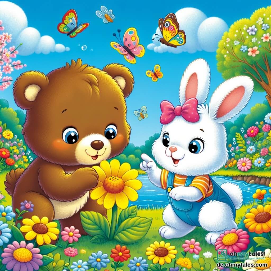 Bruno, ein kleiner brauner Bär mit funkelnden Augen und einem fröhlichen Lächeln, hockt neben einer schönen gelben Blume und riecht sie mit Staunen. Neben ihm springt Lila, ein niedlicher weißer Hase mit großen Ohren und seidig weichem Fell, vor Freude und zeigt auf einen bunten Schmetterling, der um sie herumfliegt. Die Szenerie ist ein frühlingshafter Garten voller Farben, mit leuchtenden Blumen, blühenden Bäumen und einem klaren blauen Himmel, der mit flauschigen weißen Wolken gesprenkelt ist. Im Hintergrund funkelt ein kleiner Teich in der Sonne, umgeben von üppigem Grün. Die Szene zeigt Bruno und Lila bei ihrer Erkundung, fasziniert von der Schönheit des Frühlings, umgeben von Blumen und Insekten, die die Freude und das Staunen dieser magischen Jahreszeit symbolisieren.