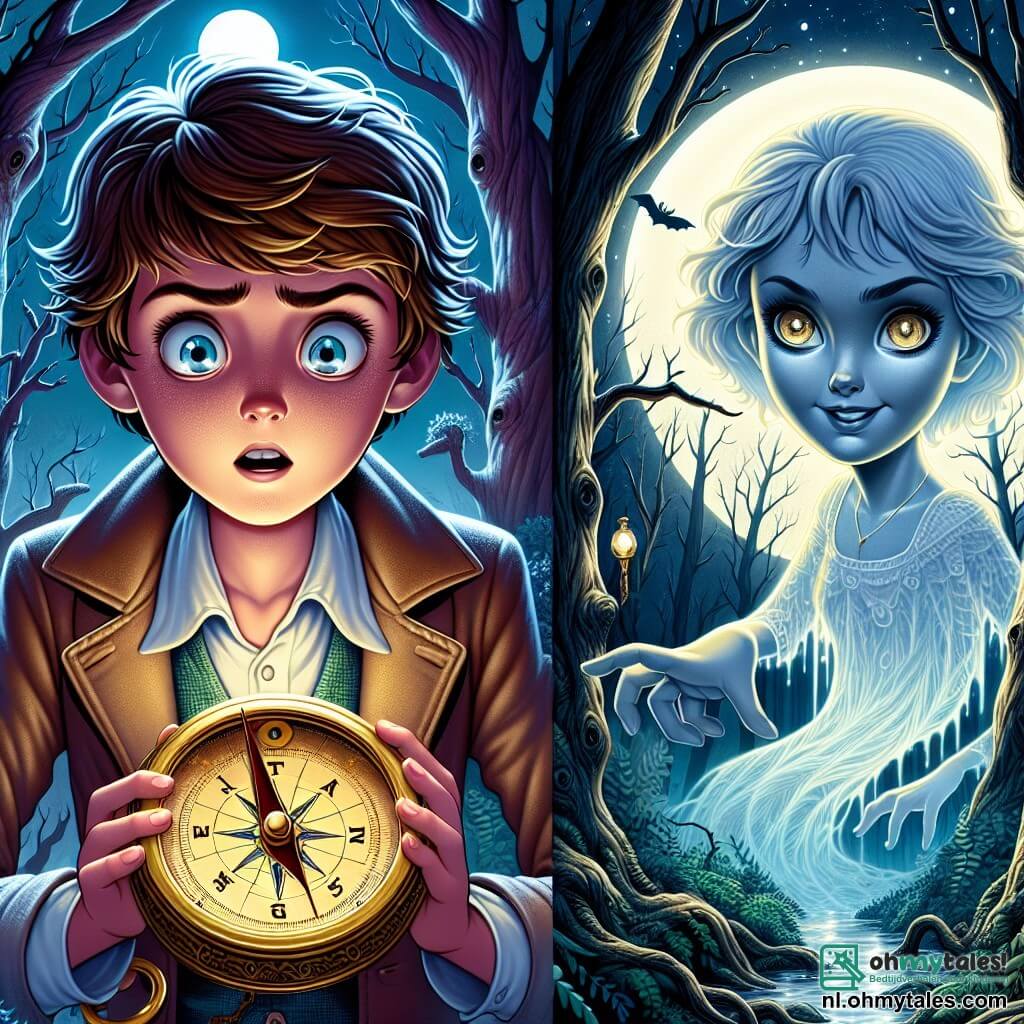 Een 10-jarig jongetje, Tom, met rommelig kastanjebruin haar en nieuwsgierige, glanzende ogen, staat aan de rand van een donkere en mysterieuze bos. Zijn gezicht toont een mengeling van opwinding en angst, met licht gefronste wenkbrauwen en een open mond, alsof hij op het punt staat te spreken. Hij houdt een oude houten kompas in zijn handen, het maanlicht weerkaatst op de gouden glans.

Naast hem zweeft een mysterieuze schaduw, de silhouet van een etherisch wezen, iets boven de grond. Deze figuur, die lijkt te zijn gemaakt van mist, heeft doordringende ogen en een zachte stem, die Tom met een gebaar van de hand leidt.

De plek is een dicht bos, met knoestige bomen en donkere bladeren die zilveren maanstralen doorlaten. De mist stijgt op uit de grond, wat een zowel magische als verontrustende sfeer creëert, terwijl schaduwen tussen de stammen dansen.

De belangrijkste situatie toont Tom die aarzelt om het bos binnen te gaan, het kompas wijst naar het onbekende, terwijl de mist hem lijkt uit te nodigen om de verborgen geheimen van deze mysterieuze plek te ontdekken.