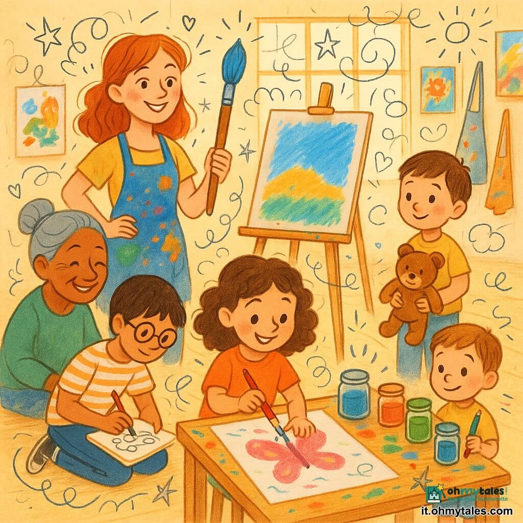 La protagonista è un'artista donna sorridente dai capelli rossi medi e occhi nocciola, in grembiule macchiato, che tiene un grande pennello e osserva con orgoglio un quadro su un cavalletto; a destra c'è Pietro, 6 anni, capelli castani corti, con l'orsacchiotto Lucky e un pennello rosso davanti a una tavola di barattoli di colore; a sinistra siede la nonna Lucia, ~70 anni, capelli grigi raccolti, che disegna con pastelli verdi e marroni; dietro la tavola è accovacciato Marco, ~14 anni, occhiali tondi e maglietta a righe, che abbozza una macchina su un taccuino; al centro Anna, ~8 anni, capelli castani ricci, è concentrata e felice mentre dipinge piccole farfalle rosa su un grande foglio; il luogo è un atelier luminoso con grandi finestre, tavoli in legno macchiati di vernice, barattoli d'acqua e pennelli, quadri appesi; l'artista conduce un laboratorio collettivo intimo e creativo dove tutti dipingono insieme attorno a un'ampia tavola, in un'atmosfera calda e colorata.