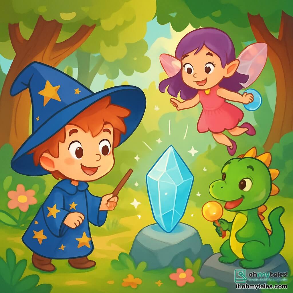 Un piccolo apprendista stregone di nome Leo, un ragazzo di sei anni con capelli arruffati e un grande cappello a punta troppo largo per la sua testa, guarda con occhi brillanti di curiosità un cristallo scintillante nella foresta. Indossa una veste da stregone blu decorata con stelle dorate e tiene in mano una piccola bacchetta di legno di quercia. Accanto a lui, Fata Lilla, una piccola fata con ali traslucide e colorate, fluttua gioiosamente nell'aria, con i capelli viola che le svolazzano intorno. Sorride guardando Leo, pronta ad aiutarlo nella sua ricerca. Poco più in là, Verdepiuma, un piccolo drago dalle squame verdi e dagli occhi scintillanti, si trova su una pietra, leccando un dolcetto al miele e osservando la scena con aria divertita. La scena si svolge nel cuore della Foresta Sussurrante, dove alberi maestosi con tronchi nodosi si ergono verso il cielo e fiori luminosi tappezzano il terreno. Raggi di sole filtrano attraverso il fogliame, illuminando il cristallo magico che brilla di mille luci. Leo, meravigliato, si avvicina al cristallo scintillante, pronto a scoprire il mistero che racchiude, mentre Fata Lilla e Verdepiuma lo incoraggiano con entusiasmo.