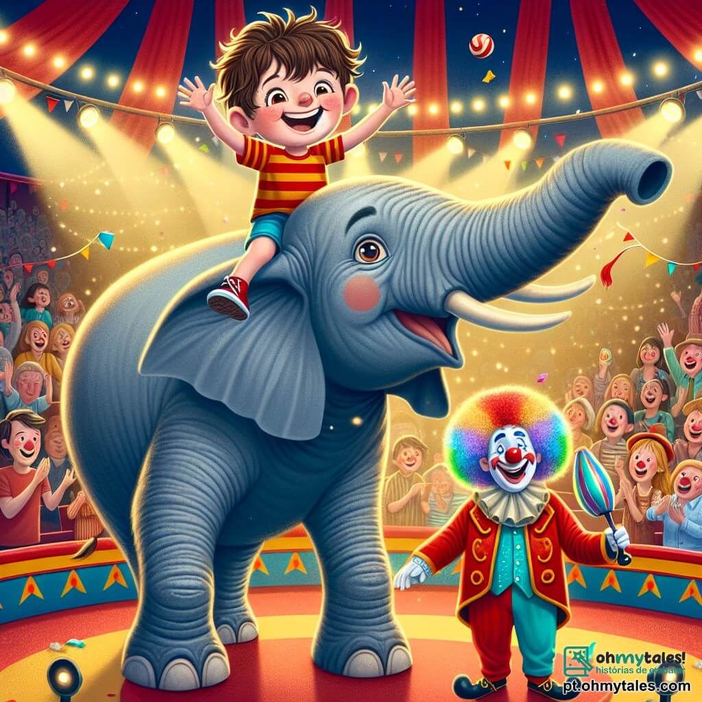 Um menino de 4 anos, com cabelos castanhos bagunçados e olhos brilhando de alegria, está sentado nas costas de um grande elefante cinza chamado Elementino. Ele usa uma camiseta vermelha listrada e um short azul, sorrindo amplamente e levantando os braços como um pequeno rei. Ao seu lado, um palhaço alegre, com cerca de 30 anos, nariz vermelho e cabelos coloridos, faz caretas e malabares com bolas coloridas, pronto para entreter o público. A cena acontece em uma grande tenda de circo, decorada com listras vermelhas e amarelas, cheia de luzes brilhantes e espectadores maravilhados, todos aplaudindo e rindo. Ao fundo, cartazes coloridos anunciam os shows e confetes flutuam no ar. A situação principal mostra o menino rindo enquanto dá uma volta nas costas de Elementino, enquanto o palhaço faz malabares, criando uma atmosfera festiva e mágica no circo.