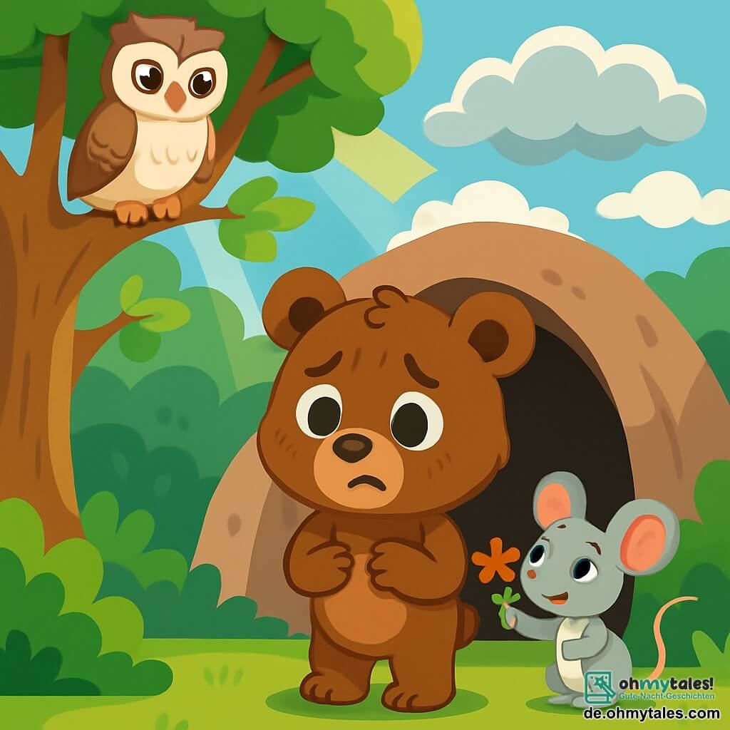 Ein kleiner brauner Bär namens Leo, mit großen runden Augen und weichem Fell, steht vor seiner Höhle. Er hat einen besorgten Gesichtsausdruck, seine Augenbrauen sind zusammengezogen und seine Pfoten zittern leicht. Neben ihm ermutigt ihn eine kleine graue Maus namens Mia mit großen Ohren und einem beruhigenden Lächeln, indem sie ihm eine kleine bunte Blume reicht. Höher in einem Baum beobachtet eine weise Eule namens Elli mit weißen Federn und durchdringenden Augen sie mit einem beruhigenden Blick und ist bereit, Ratschläge zu geben. Die Szenerie ist ein grüner Wald mit majestätischen Bäumen, glänzenden Blättern und Sonnenstrahlen, die durch die Äste brechen. Leo, zögernd, schaut zum bewölkten Himmel und fragt sich, ob er seine Höhle verlassen soll, um sich seinen Ängsten zu stellen.