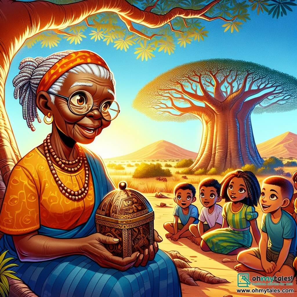 Kwame, a 12-year-old boy, has bright eyes like amber beads and a mischievous smile. He stands holding a small carved wooden chest, his face radiating excitement and curiosity. Beside him is Nana Efua, an elderly woman around 70, with braided gray hair and a wrinkled face that expresses wisdom and kindness. She is sitting under a large baobab tree, surrounded by green leaves, telling a story to a group of fascinated children. The setting is a sunny savanna with a bright blue sky and golden hills on the horizon. The majestic, ancient baobab stands at the center, its branches extending like welcoming arms. The main scene shows Kwame discovering the mysterious chest, his heart racing with anticipation, while Nana Efua and the children listen attentively, their faces illuminated by sunlight.