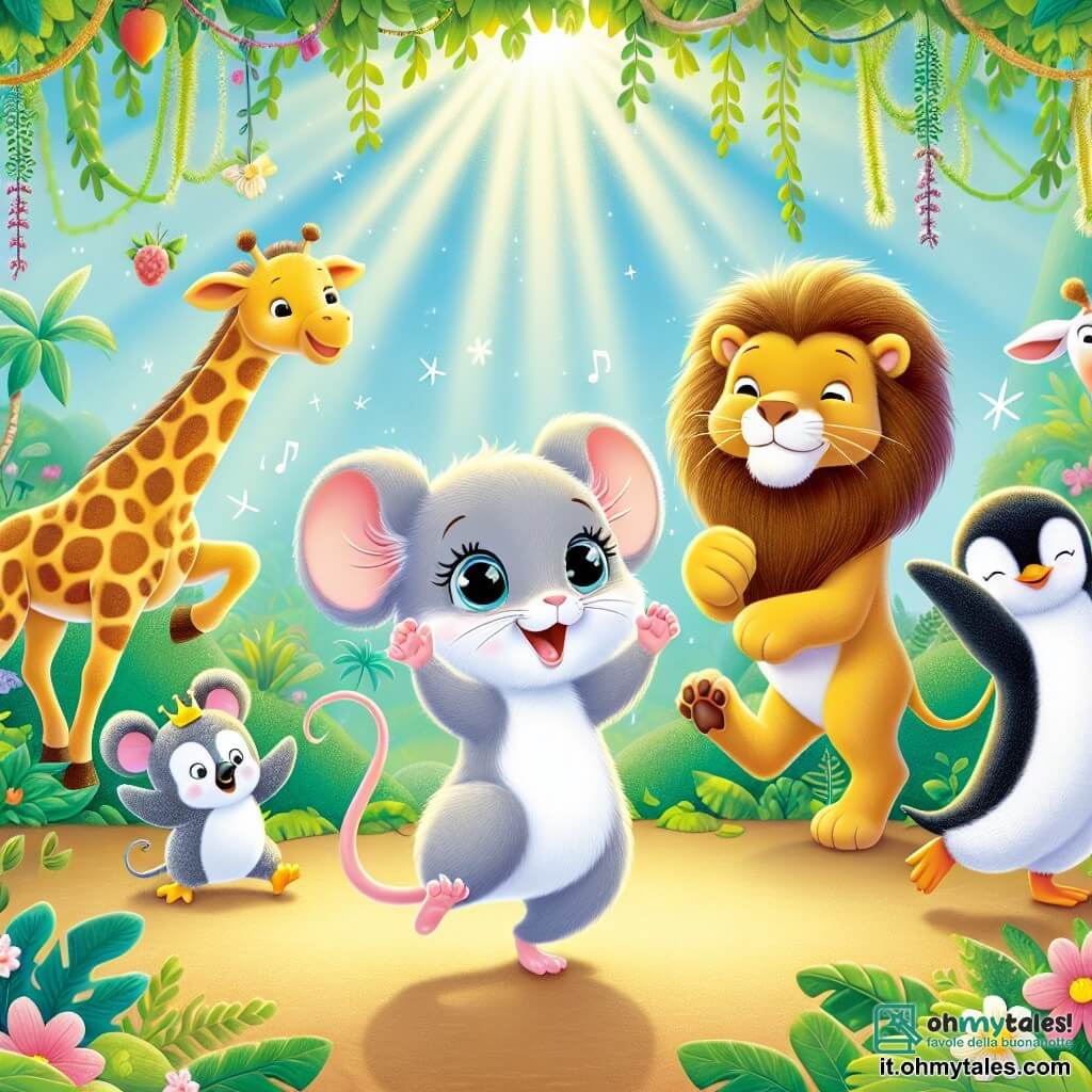 Una piccola topo di nome Mia, con un morbido pelo grigio e grandi occhi brillanti di curiosità, balla gioiosamente al centro della scena, con le zampette alzate e un grande sorriso sul viso. Alla sua destra, un leone di nome Leo, maestoso con la sua criniera dorata, applaude battendo le zampe, mostrando un'espressione entusiasta. A sinistra, una giraffa di nome Gigi, con il suo lungo collo maculato, si allunga per ballare, con gli occhi brillanti di gioia. Sullo sfondo, un pinguino di nome Pipo, con il suo piumaggio bianco e nero, scivola sul pavimento, ridendo della propria goffaggine. La scena si svolge in una giungla vibrante, piena di fogliame lussureggiante, fiori colorati e raggi di sole che filtrano tra gli alberi. La situazione principale mostra Mia e i suoi amici animali che ballano insieme, creando un'atmosfera festosa e gioiosa, dove risate e movimenti colorati si mescolano alla magia della giungla.