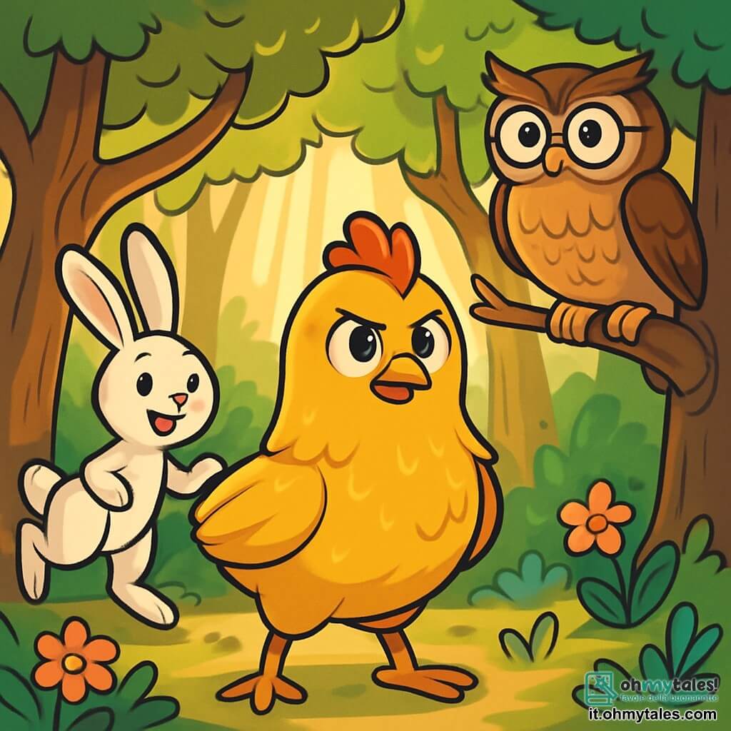 Una gallina di nome Pulcina, con piume dorate e brillanti e occhi scintillanti, si trova al centro della scena, mostrando un'espressione determinata e coraggiosa. Alla sua destra, un saggio gufo di nome Olmo, con grandi piume marroni e occhiali rotondi, osserva attentamente, posato su un ramo. Alla sua sinistra, un coniglietto vivace di nome Saltella, con pelliccia bianca e orecchie lunghe, salta gioiosamente, pronto ad aiutare. Sullo sfondo, il Bosco Incantato è pieno di alberi maestosi, fiori colorati e raggi di sole che filtrano attraverso il fogliame. Pulcina e i suoi amici intraprendono un'avventura emozionante per ritrovare le uova scomparse, circondati da un'atmosfera magica e misteriosa.