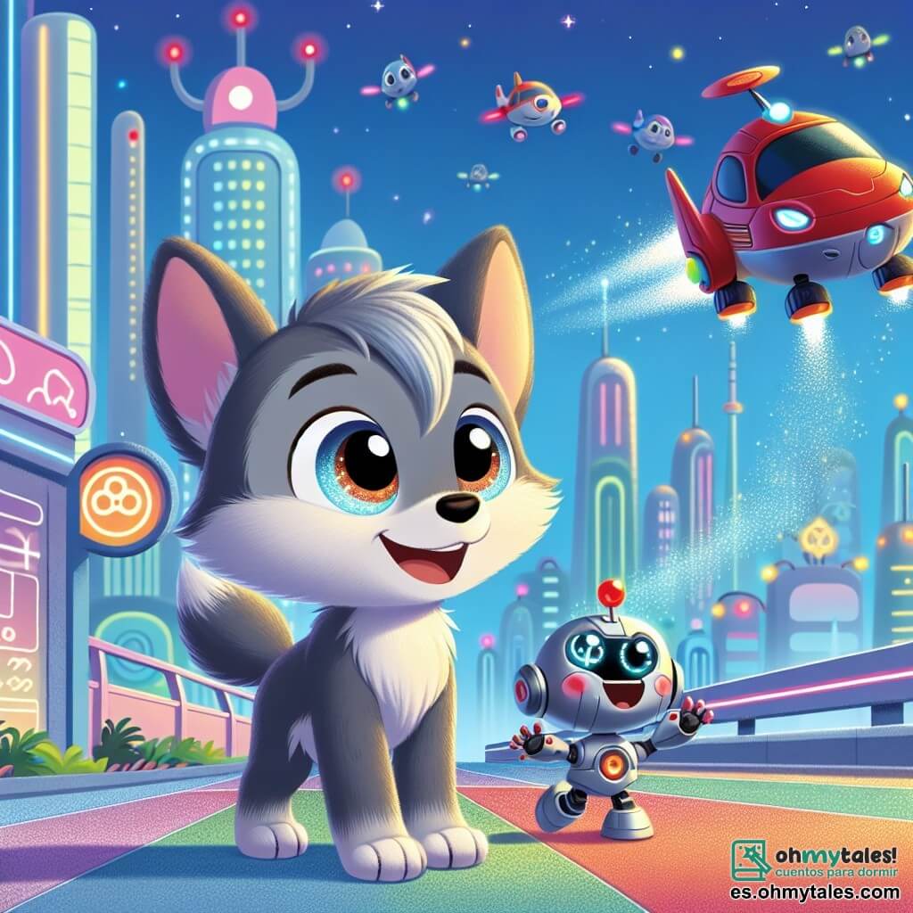 Lulú, un pequeño lobo de grandes ojos brillantes y pelaje suave y gris, está de pie en una acera colorida, con las orejas erguidas y una gran sonrisa en su rostro, mirando maravillado un vehículo volador rojo que flota frente a él. A su lado está Bipo, un pequeño robot plateado con ojos redondos y expresivos, que salta de alegría, moviendo sus brazos mecánicos, compartiendo la emoción de Lulú. Al fondo, la ciudad futurista de Techoluna se extiende con edificios de formas audaces, iluminados por luces multicolores, y coches voladores que zumban en el cielo azul. La escena captura el momento en que Lulú y Bipo descubren la estación de carga de los coches voladores, rodeados de luces centelleantes y paneles holográficos, llenos de alegría y curiosidad.