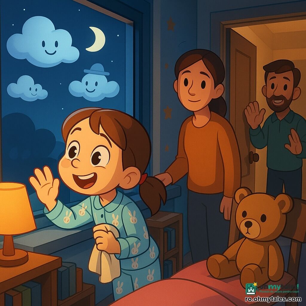 O fetiță de 8 ani, expresivă și veselă, cu păr șaten deschis prins în coadă, ochi mari și față rotundă, îmbrăcată în pijama cu iezi, numără norii lipindu-și nasul de fereastră, zâmbind visătoare și concentrată, sprijinită de pervaz, o mână pe geam și alta strângând o păturică; un ursuleț de pluș bej stă drept pe fotoliu ca un tovarăș tăcut, o femeie de circa 34 de ani apare în ușă cu expresie blândă și mâna pe clanță, iar un bărbat de circa 36 de ani, în șosete, zâmbește și face un mic semn dinspre hol; camera e nocturnă, iluminată cald de o lampă de noptieră, cu pereți bleu pal pictați cu stele, pătură roz, raft cu cărți și o fereastră largă spre un cer liniștit unde plutesc nori pufoși în forme jucăușe, sub o lună blândă — atmosferă cocooning, calmă, tandră și ușor fantastică.