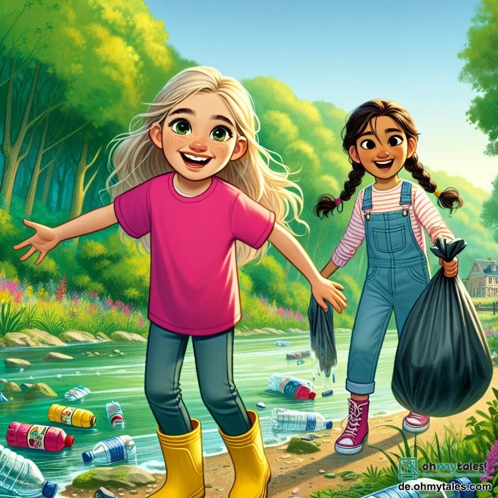 Ein 10-jähriges Mädchen, Mia, mit langen blonden Haaren und strahlenden Augen steht am Ufer eines Baches. Sie trägt ein leuchtend pinkes T-Shirt und gelbe Gummistiefel und zeigt ein großes entschlossenes Lächeln. Neben ihr ist ihre beste Freundin Emma, ebenfalls 10 Jahre alt, mit geflochtenen braunen Haaren und einer Jeanslatzhose. Sie hält einen großen Müllsack und schaut Mia begeistert an. Der Ort ist ein schöner Bach, umgeben von üppigen grünen Bäumen und bunten Blumen am Ufer. Der Himmel ist blau und sonnig, was eine fröhliche und einladende Stimmung schafft. Die Hauptsituation zeigt Mia und Emma, die Müll im Bach aufsammeln, mit Flaschen und Plastiktüten, die an der Oberfläche schwimmen. Sie arbeiten zusammen, entschlossen, ihre Umwelt zu reinigen, während sie lachen und singen, was ihr Engagement für den Naturschutz verdeutlicht.