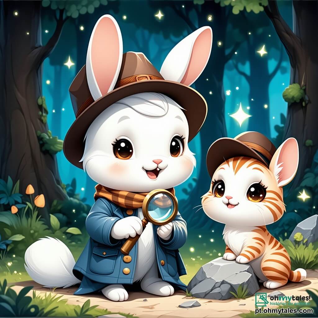 Um coelhinho chamado Tico, com pelagem branca e grandes orelhas, usa um pequeno chapéu de detetive e exibe uma expressão curiosa e determinada. Ele segura uma lupa em uma pata, examinando o chão com atenção. Ao seu lado, a Gatinha Mimi, com pelagem listrada laranja e olhos brilhantes, observa ao redor com um ar intrigado, sentada em uma pedra. O Passarinho Pico, um pequeno pássaro azul com penas brilhantes, voa acima deles, com as asas abertas e uma expressão animada. A cena acontece em um parque ensolarado, repleto de balões coloridos flutuando no ar, árvores verdes com folhas brilhantes e uma grande mesa de festa decorada com bolos e guloseimas. No centro da imagem, Tico, Mimi e Pico estão descobrindo pistas para resolver o mistério do bolo de cenoura desaparecido, cercados por uma atmosfera alegre e festiva.