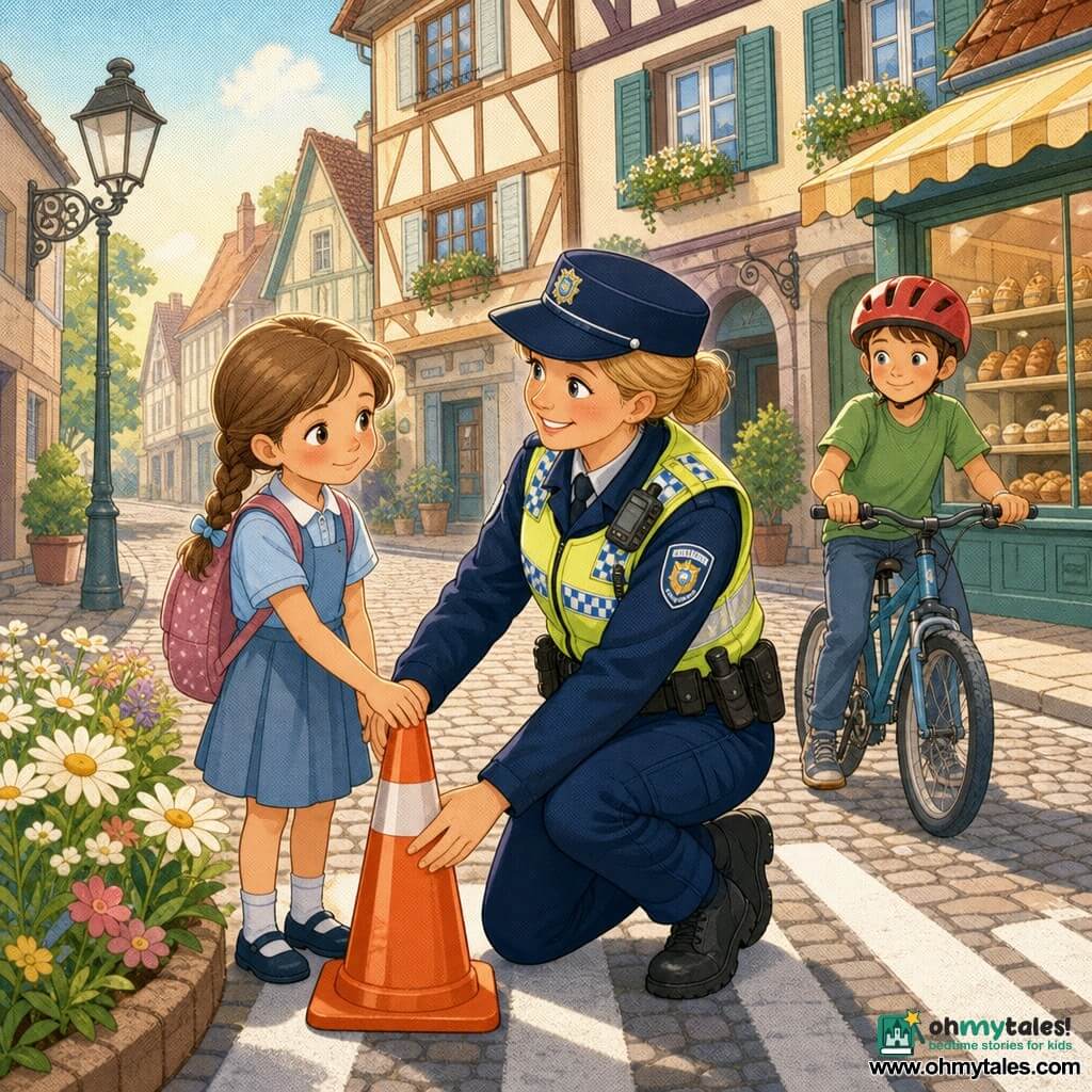 Smiling, kind female police officer with a gentle gaze in a clean navy uniform and yellow reflective vest kneeling to place a bright orange cone on a white crosswalk, an ~8‑year‑old girl in a light‑blue school uniform with a brown braid stands left of the officer holding the cone with one hand, shy curious smile, an ~10‑year‑old boy in a red bike helmet and green T‑shirt on his stopped bicycle behind the crosswalk looks relieved and grateful, cobblestone neighborhood street with half‑timbered houses and a small bakery, wrought‑iron lamppost and planters of daisies in warm soft morning light, calm and reassuring scene of the officer protecting children, pastel colors, clean lines, soft comic style, composition centered on the human interaction.