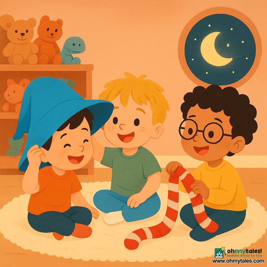 Three boys sit together under a bright blue hat turned into a tent: Ben, about 5, with short brown hair and laughing eyes, on the left holding the hat; Sam, about 4, tousled blond hair and freckles, in the center gently tugging the brim and smiling; Max, about 5, curly black hair and round glasses, on the right waving a long red-and-white striped sock like a snake. They are in a warm, cozy bedroom with a cream plush rug, pale peach walls, a light wood shelf of stuffed animals, a round window showing a starry sky and pale yellow moon, and a small moon nightlight casting soft orange light. The scene is intimate, calm and joyful with warm colors, soft textures and clear, child-friendly expressions.