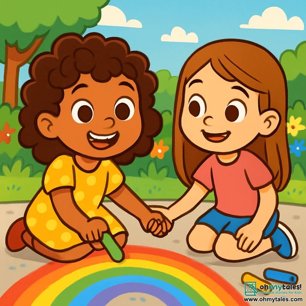 A 6-year-old girl named Lila, with big bright eyes and curly hair, joyfully smiles while holding a piece of green chalk. She wears a yellow polka dot dress and sits on the concrete floor, surrounded by vibrant colors. Next to her is her best friend Maya, also 6, with long smooth hair, dressed in a pink t-shirt and blue shorts, looking at Lila with a knowing smile, ready to draw together. The scene takes place in a sunny garden with colorful flowers and lush trees in the background. The ground is covered in colored chalk, forming a large rainbow on the concrete. Lila and Maya are seen hand in hand, drawing the green line of the rainbow, their faces beaming with happiness and friendship, surrounded by other children who cheer them on with laughter and applause.