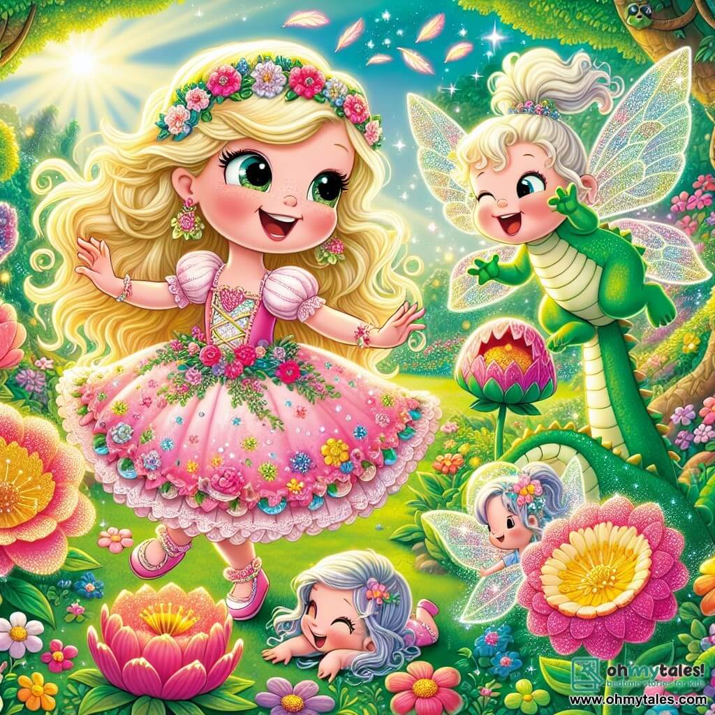 In an enchanted garden, Princess Poppy, a young girl with long blonde hair and sparkling mischievous eyes, bursts into laughter while dancing around a beautiful colorful flower, the Giggle Blossom. She wears a pink dress adorned with flowers and has a radiant smile, brimming with joy and excitement. Beside her, Doodle, a small dragon with green scales and round curious eyes, rolls on the ground laughing, his wings spread, ready to take flight. He is chubby and adorable, with a playful expression that shows he loves to have fun. Nearby, Twinkle, a tiny fairy with sparkling wings and silver hair, floats in the air, laughing as she tries to escape a cloud of feathers. She wears a dress made of flower petals and has a joyful face, illuminated by the magic of the moment. The setting is a lush garden filled with multicolored flowers, twisted trees, and sunlight filtering through the leaves, creating a fairy-tale atmosphere. Sparkling streams wind between the flowers, adding to the magic of the place. The main scene shows Poppy, Doodle, and Twinkle celebrating their friendship and adventure, surrounded by laughter and colors, as they enjoy the magic of the Giggle Blossom, which bursts with joy and light around them.