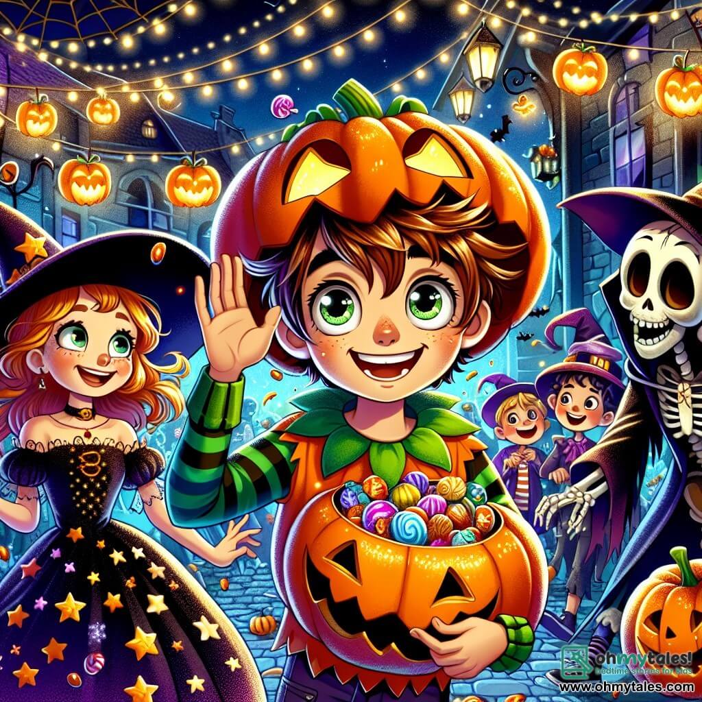 A 10-year-old boy, Max, with messy brown hair and sparkling curious eyes, wears a shiny pumpkin costume with a stem-shaped hat. He smiles enthusiastically, arms raised in victory, in the middle of a lively Halloween party. Next to him, a small witch, Ginger, about 8 years old, joyfully floats by in a black dress adorned with stars and a pointed hat, holding a tray of colorful candies. A funny skeleton, around 12 years old, dances nearby, its bones sparkling under the lights, with a big friendly smile. The setting is a festive street in Spooksville, decorated with twinkling lanterns, grinning pumpkins, and spider web garlands, where costumed children are having fun and laughing. In the center of the image, Max and his friends are preparing to confront a group of mischievous goblins trying to steal candy, creating an atmosphere of excitement and adventure.