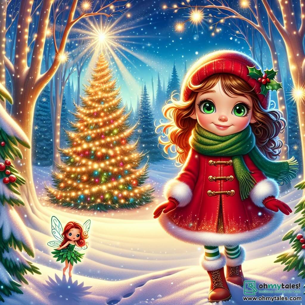 A 7-year-old girl named Amelia, with curly brown hair and sparkling green eyes, smiles in awe as she stands in front of a majestic Christmas tree in an enchanted clearing. She wears a bright red coat, a wool scarf, and gloves, surrounded by gently falling shimmering snowflakes. Next to her, a little fairy named Twinkle, dressed in a holly leaf dress with sparkling wings, joyfully flies in the air. The setting is a magical clearing surrounded by tall snow-covered fir trees, with twinkling lights illuminating the central tree. The ground is covered in a thick layer of snow, and stars shine in the night sky, creating a fairy-tale atmosphere. The main scene shows Amelia and Twinkle celebrating the magic of Christmas as they stand in front of the illuminated tree, ready to spread joy and the spirit of Christmas in their village.