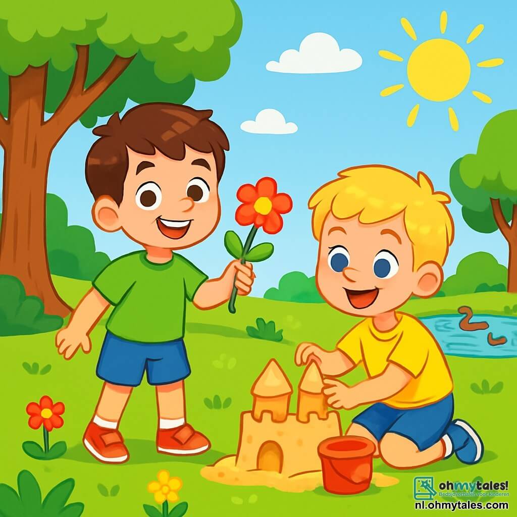 Er zijn 2 hoofdpersonages: Sem: een 6-jarig jongetje met bruin haar en sprankelende ogen. Hij draagt een groene T-shirt en een blauwe korte broek. Sem glimlacht vrolijk terwijl hij een mooie rode bloem in zijn hand houdt. Milan: een 6-jarig jongetje met blond haar en blauwe ogen. Hij draagt een gele T-shirt en een blauwe korte broek. Milan zit op de grond en bouwt enthousiast een zandkasteel. De scène speelt zich af in een klein zonnig park, vol groen. Grote bomen met groene bladeren bieden schaduw en een mooi grasveld is bezaaid met kleurrijke bloemen. Verderop is er een kleine vijver met eenden die vredig zwemmen. De belangrijkste situatie toont Sem en Milan die samen in het park spelen, lachend en zich vermakend terwijl ze een prachtig zandkasteel bouwen. De lucht is blauw en helder, en de zon schijnt, wat een vrolijke en zomerse sfeer creëert.
