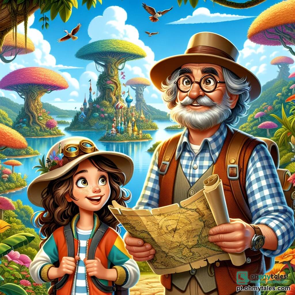 No centro da imagem, uma jovem exploradora, Isabel, tem cerca de 10 anos, com longos cabelos castanhos ondulados, usando um chapéu de aventureira e uma jaqueta colorida. Seu rosto expressa grande excitação e curiosidade, enquanto segura um mapa antigo, observando o horizonte com olhos brilhantes. Ao seu lado, o professor Mário, um homem de cerca de 60 anos, com óculos redondos e barba grisalha, está anotando em um caderno. Ele usa uma camisa xadrez e um colete, olhando para Isabel com um sorriso encorajador. Ao fundo, a cena acontece na magnífica Ilha das Maravilhas, com árvores gigantes de folhas coloridas, flores vibrantes e um lago cintilante ao centro. O céu é azul brilhante, com nuvens fofas, e pássaros exóticos voam ao redor, adicionando um toque de magia ao ambiente. A situação principal mostra Isabel e o professor Mário descobrindo o coração da ilha, cercados pela beleza natural, enquanto se preparam para explorar um antigo templo misterioso, cheio de segredos e magia.
