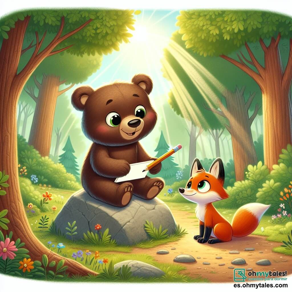 Un pequeño oso marrón, con un pelaje suave y ojos brillantes de curiosidad, está sentado sobre una gran piedra al borde de un camino forestal, sosteniendo un lápiz y un cuaderno de dibujo, mostrando una sonrisa alegre y concentrada. A su lado, un joven zorro de pelaje naranja brillante, con ojos brillantes y una expresión tímida pero entusiasta, observa atentamente el dibujo del oso, sosteniendo un pincel en su pata. El lugar es un claro soleado del Bosque Encantado, rodeado de majestuosos árboles con hojas verdes brillantes, con flores coloridas que salpican el suelo y rayos de luz filtrándose a través de las ramas. La situación principal muestra al oso y al zorro trabajando juntos en un proyecto artístico, compartiendo ideas y riendo, creando una hermosa atmósfera de camaradería y aprendizaje.