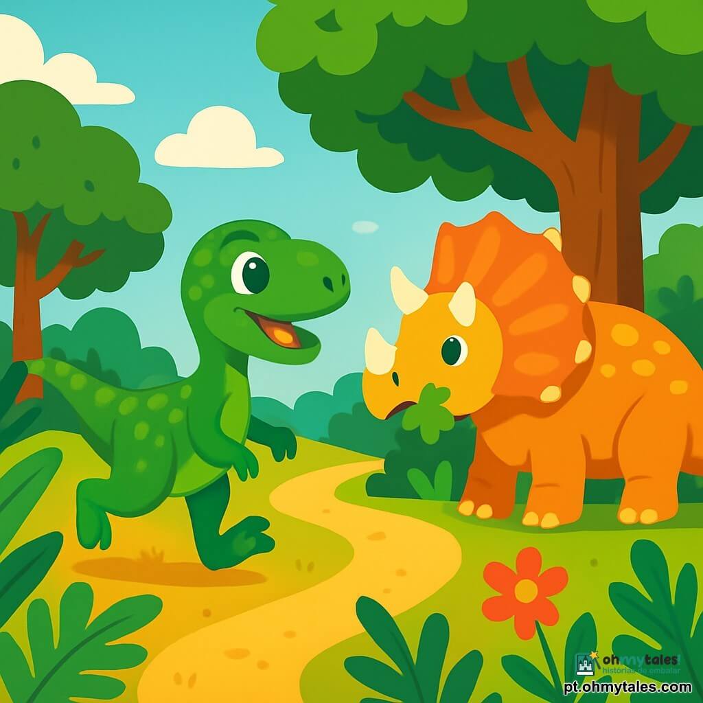 Um velociraptor travesso, com escamas verdes e olhos brilhantes de curiosidade, corre alegremente por uma floresta exuberante, suas pequenas patas ágeis chicoteando a grama dourada sob o sol. Perto dali, um Tricerátopo amigável, com sua grande chifre e escamas coloridas, está ao lado de uma árvore, comendo folhas tenras. O cenário está cheio de grandes samambaias, flores vibrantes e árvores majestosas, criando uma atmosfera mágica e viva. Nesta cena, Velo descobre um caminho misterioso que se adentra na floresta, seu coração batendo de excitação pela aventura que o aguarda.