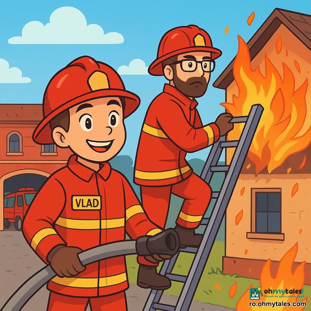 Un pompier pe nume Vlad stă cu un zâmbet larg pe față, cu ochii strălucind de determinare. El poartă o uniformă roșie aprinsă, cu o cască strălucitoare și cizme negre, ținând un furtun de incendiu într-o mână. Lângă el, un alt pompier, un bărbat de aproximativ 30 de ani, cu barbă brună și ochelari de protecție, desfășoară o scară, concentrat și serios. În fundal, o cazană de pompieri din cărămidă roșie, cu uși deschise și vehicule de intervenție parcate, se ridică sub un cer albastru deschis, presărat cu nori albi pufoși. Scena arată pe Vlad și colegul său pregătiți să intervină, înconjurați de flăcări într-o casă în flăcări, cu scântei dansând în aer, creând o atmosferă intensă și eroică.