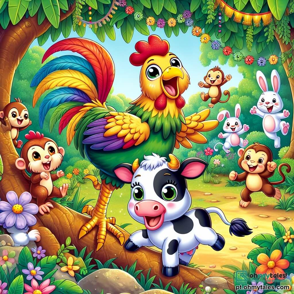 Um galo alegre chamado Pipo, com penas brilhantes e coloridas, está em cima de um tronco de árvore, com as asas abertas e um grande sorriso no rosto, pronto para anunciar a competição de dança. Ao seu lado, uma vaca chamada Lili, com pelagem preta e branca, observa Pipo com olhos brilhantes de excitação, enquanto mastiga um pedaço de grama. Ao fundo, um grupo de animais da selva, incluindo um macaco travesso, um coelho saltitante e uma tartaruga graciosa, se reúne ao redor da clareira, cheia de flores coloridas e guirlandas festivas. A cena transmite uma atmosfera alegre e animada, onde todos os animais se preparam para participar da dança mais divertida da selva, com risos e alegria no ar.
