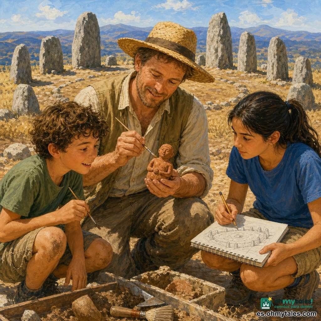 Un arqueólogo de unos cuarenta años, rostro sonriente y concentrado, piel clara con pecas de sol, cabello castaño claro corto y barba de unos días, sombrero de paja ancho, camisa beige remangada y chaleco kaki, limpia con un pincel fino una pequeña figurilla de terracota en sus rodillas; a la derecha, Lucía, unos 12 años, cabello negro en coleta, piel oliva, ojos atentos, agachada dibuja el círculo de piedras con un cuaderno y lápiz, viste camiseta azul y pantalón corto kaki; a la izquierda, Mateo, unos 9 años, cabello rizado castaño, rodillas con manchas de barro, sonriente y asombrado, sostiene una brochita mirando la figurilla; en la cima de una colina soleada hay un círculo de grandes piedras grises, suelo polvoriento ocre, hierbas secas amarillas y montañas azules en el horizonte; escena de excavación calmada y respetuosa, polvo suave en el aire, luz dorada del sol, ambiente de cuidado y asombro; estilo pintura acrílica, colores cálidos, texturas visibles de pincel y contrastes suaves, composición centrada en la figurilla y las manos.