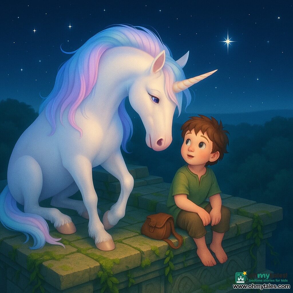 A pearlescent white unicorn with a slightly iridescent coat and pastel mane and tail (sky blue, dusty pink, lavender) that shine like silk under starlight stands protectively on an ancient stone roof, one hoof near Elian — a curious, round-faced ten-year-old boy with messy brown hair in a worn green tunic, sitting on the roof edge with a small leather pouch beside him and looking at the indigo night sky; the moss‑covered, vine-draped temple has weathered stones, faded carvings and uneven steps, and the roof overlooks the forest canopy beneath a deep indigo sky studded with stars and one brighter twinkling star with a silver mist on the horizon; the unicorn and boy share a quiet, intimate moment as the unicorn inclines its head as if whispering a secret, bathed in soft light and warm contrasts between stone, moss and iridescent mane — soft, luminous palette, subtle gradient textures, smooth lines, magical tranquil mood, composition focused on their bond.