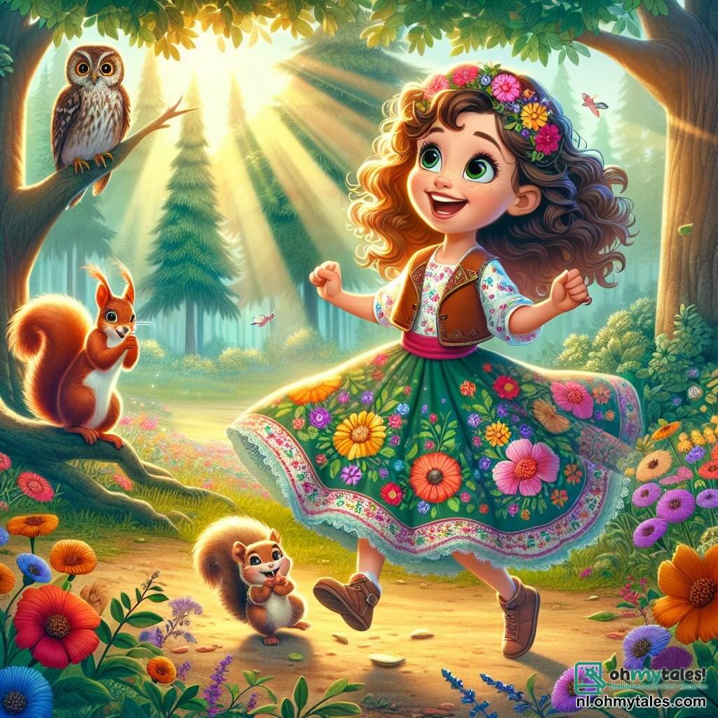 In een betoverd bos danst een 11-jarig meisje genaamd Emma, met krullend haar en sprankelende ogen, vrolijk in een open plek. Ze draagt een kleurrijke jurk versierd met bloemen en heeft een grote glimlach op haar gezicht, die haar opwinding en vastberadenheid om haar verloren sleutel te vinden, uitdrukt. Naast haar kijkt een klein eekhoorntje met heldere ogen en lichtbruine vacht, terwijl het een hazelnoot in zijn voorpootjes vasthoudt. Verderop kijkt een grote, wijze uil met bruine en witte veren, zittend op een tak, aandachtig naar de scène en is klaar om Emma advies te geven. De open plek is verlicht door het zachte licht van de ondergang, met kleurrijke bloemen die dansen in de wind en majestueuze bomen die een magische omgeving vormen. Stralen van licht filteren door de bladeren, wat een feeërieke sfeer creëert. De belangrijkste situatie toont Emma die blij danst, omringd door de natuur, terwijl ze haar verloren sleutel zoekt, met het eekhoorntje en de uil die haar observeren en aanmoedigen in haar avontuur.