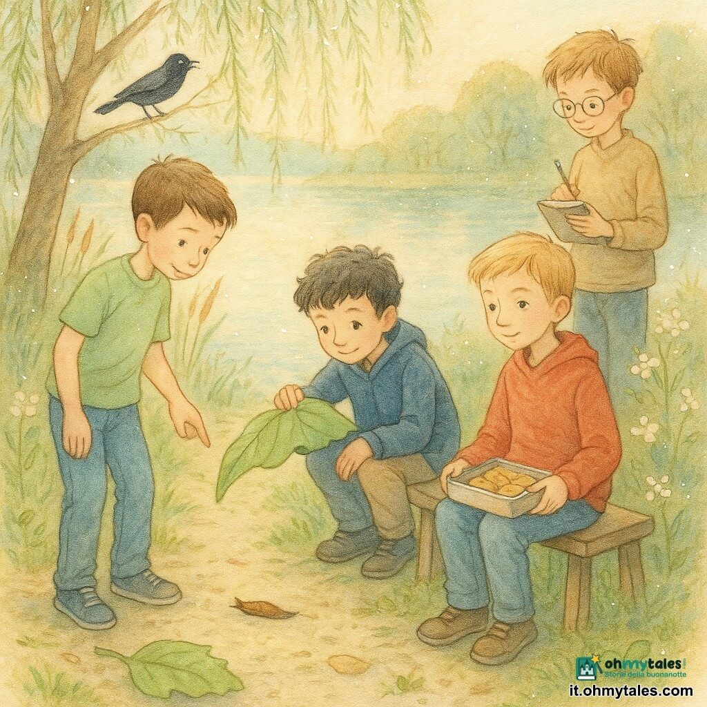 Quattro bambini: un ragazzo di circa 11 anni, capelli castani corti, maglietta verde chiaro e jeans, a sinistra indica con il dito una piccola lumaca sul sentiero senza toccarla; un ragazzo di circa 10 anni, capelli neri ricci, giacca blu scuro, accovacciato al centro, posa una grande foglia verde vicino alla lumaca come riparo; un ragazzo di circa 11 anni, capelli biondi, felpa rossa, seduto su una panchina di legno a destra, tiene una scatola di biscotti aperta ma non ne prende; un ragazzo di circa 10 anni, capelli castano chiaro e occhiali sottili, in piedi leggermente indietro a destra scrive su un piccolo taccuino osservando la scena; luogo: riva tranquilla di un lago in un parco primaverile con acqua azzurro pallido e dorata, canne e piccole fioriture bianche, un grande salice con rami che sfiorano l'acqua e un sentiero di ghiaia chiara con qualche foglia; situazione: i quattro bambini osservano e proteggono con attenzione la lumaca mentre un merlo nero canta su un ramo basso, luce dolce del tardo pomeriggio, atmosfera serena e gesti rispettosi.